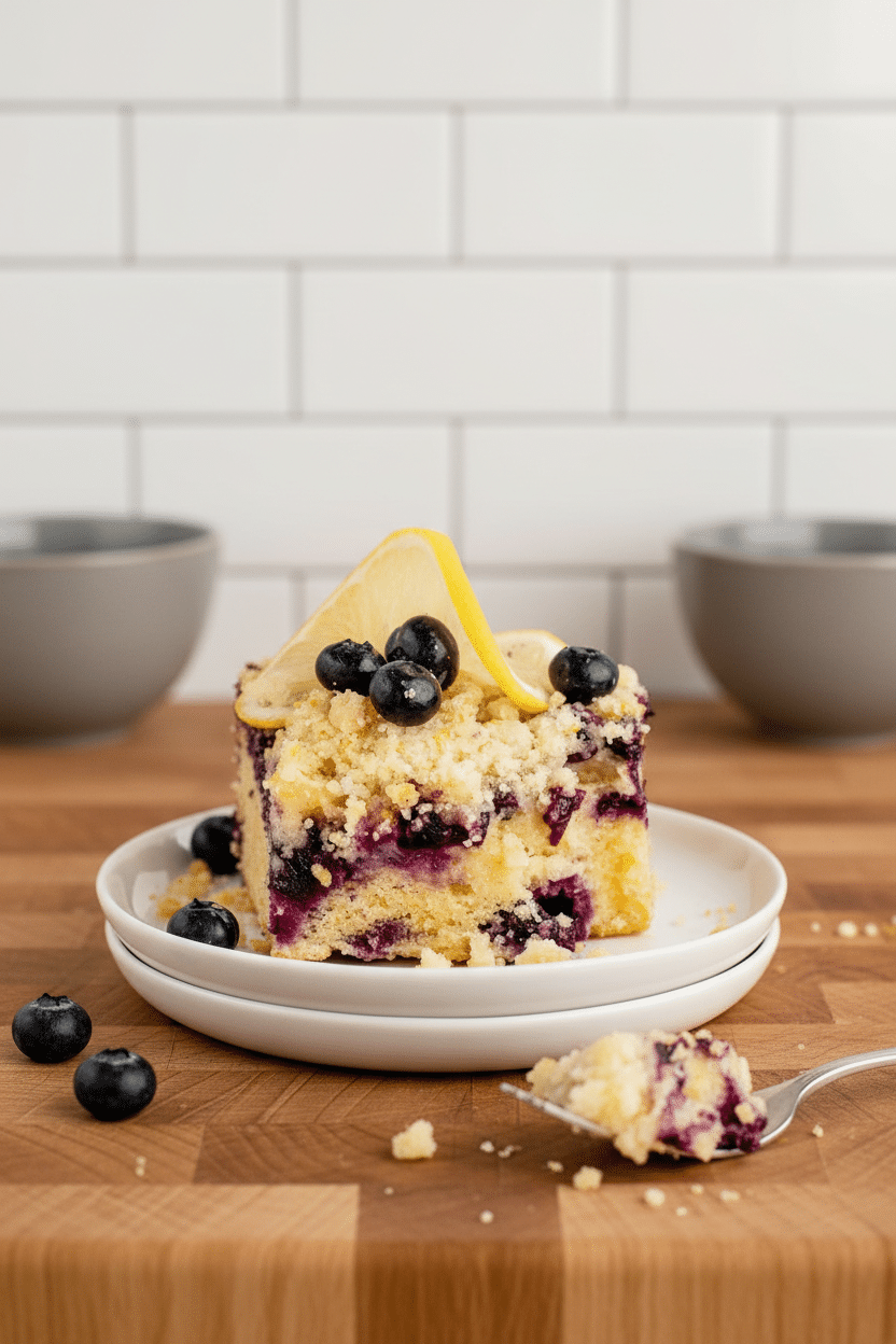 Lemon Blueberry Buckle final dish beautifully presented and ready to serve