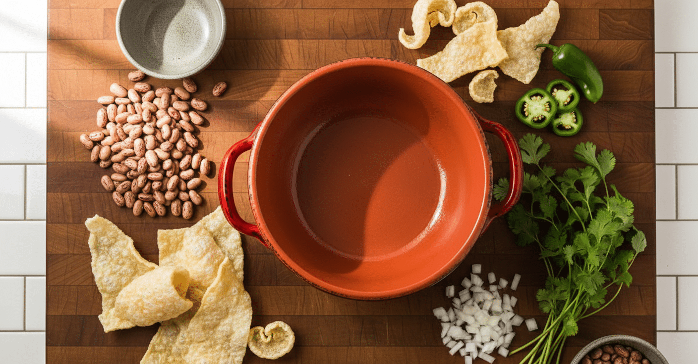 Frijoles Charros ingredients organized and measured on kitchen counter