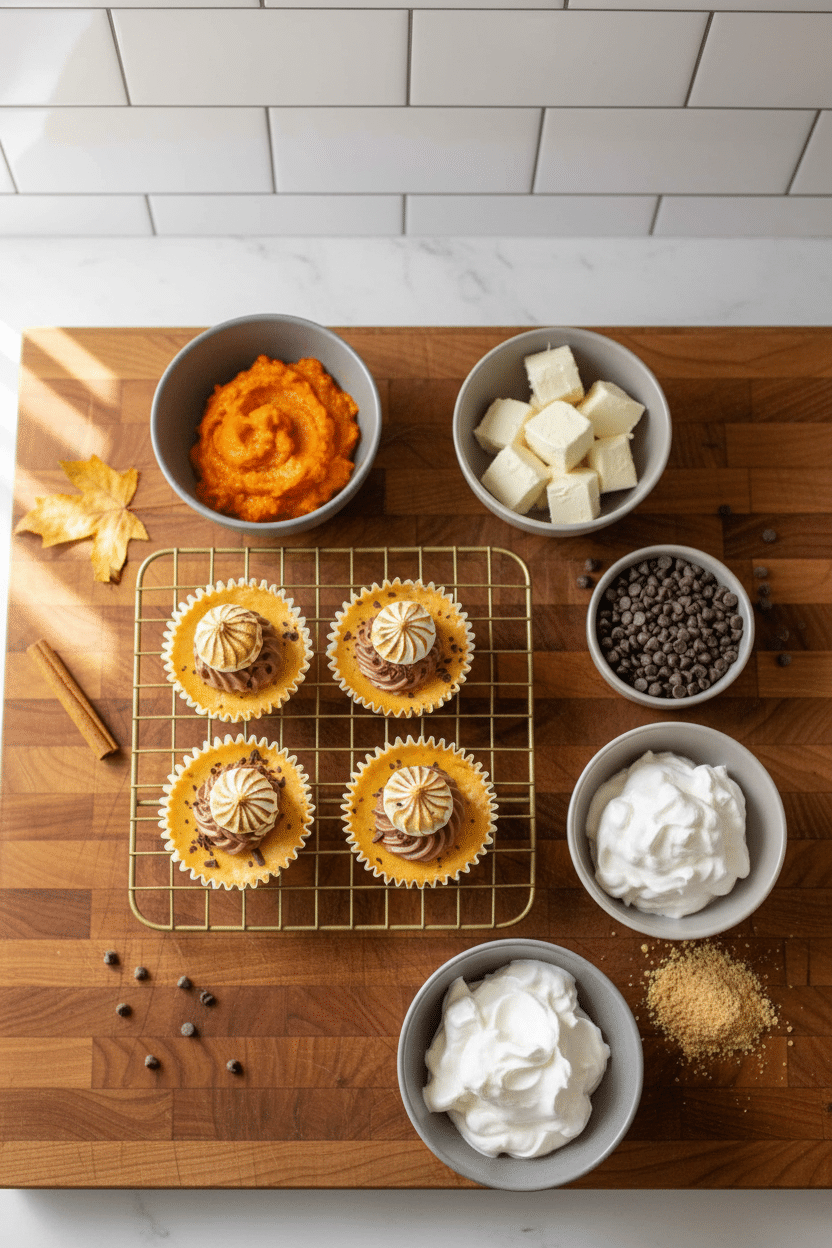 Mini Pumpkin Smores Cheesecakes ingredients organized and measured on kitchen counter
