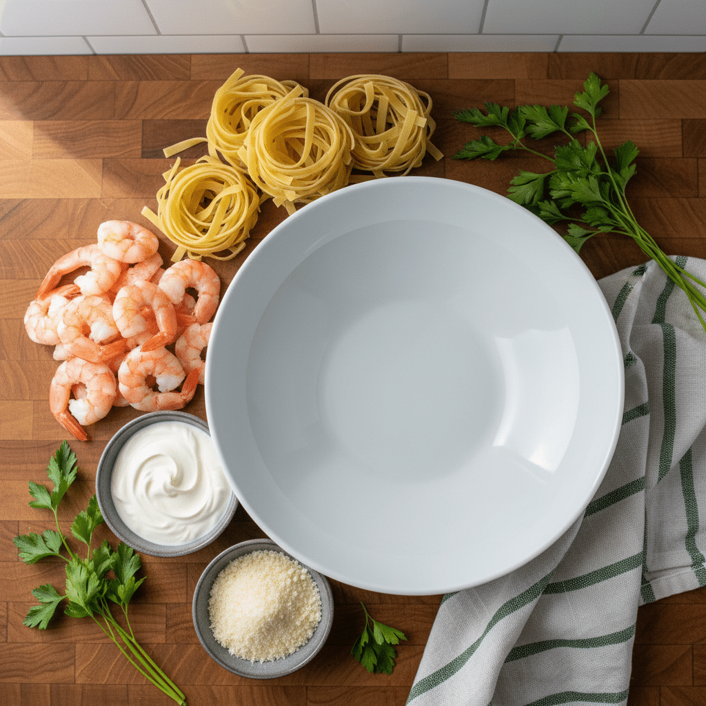Shrimp Alfredo Recipe ingredients organized and measured on kitchen counter