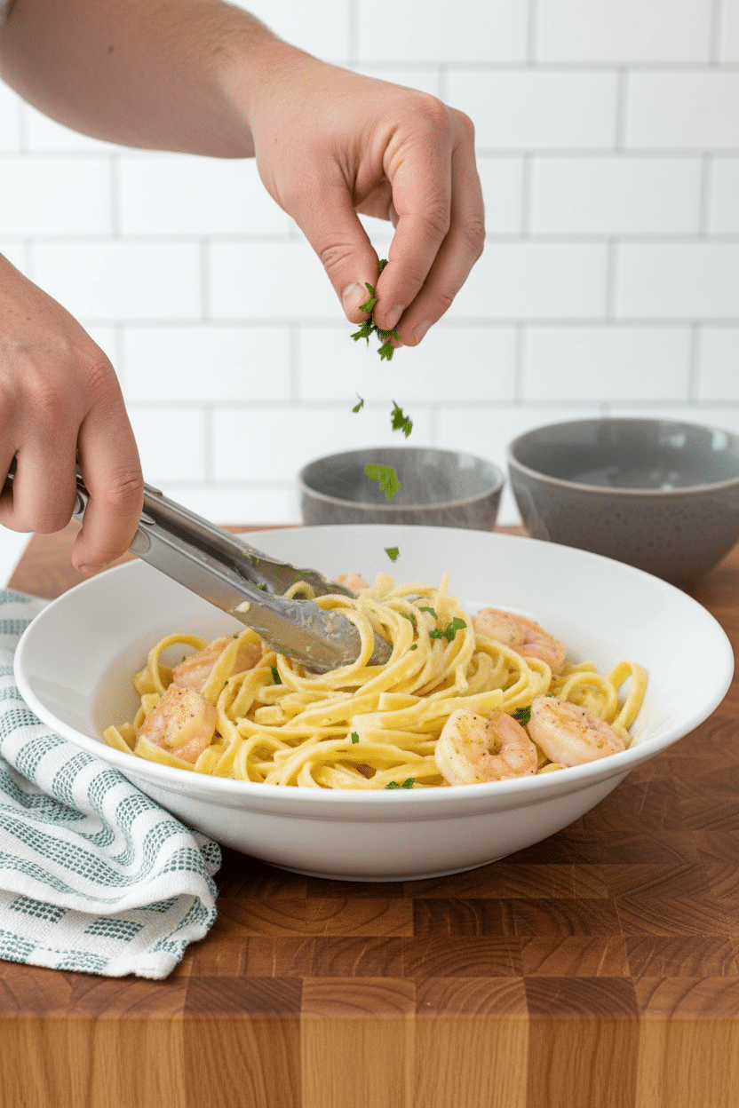 Shrimp Alfredo Recipe slice on plate showing perfect texture and swirl pattern