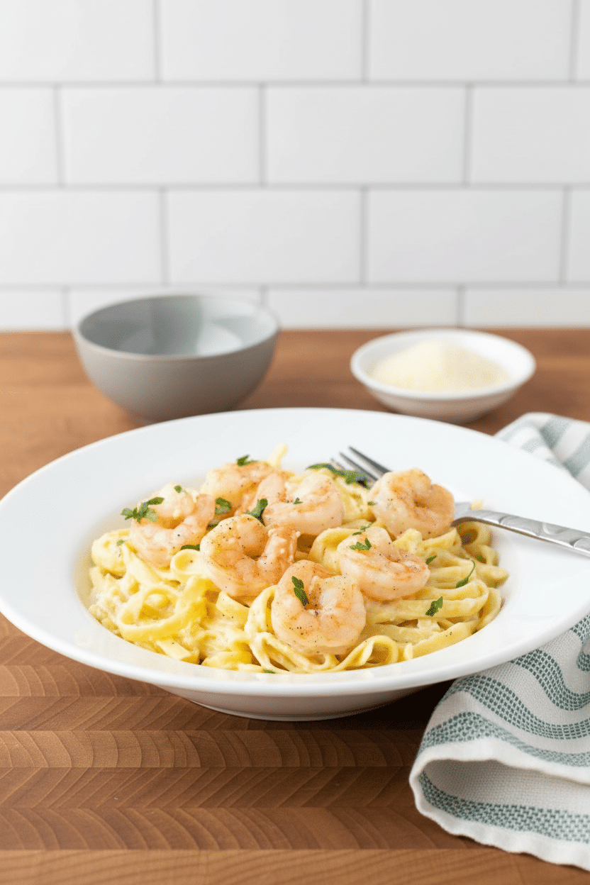 Shrimp Alfredo Recipe final dish beautifully presented and ready to serve