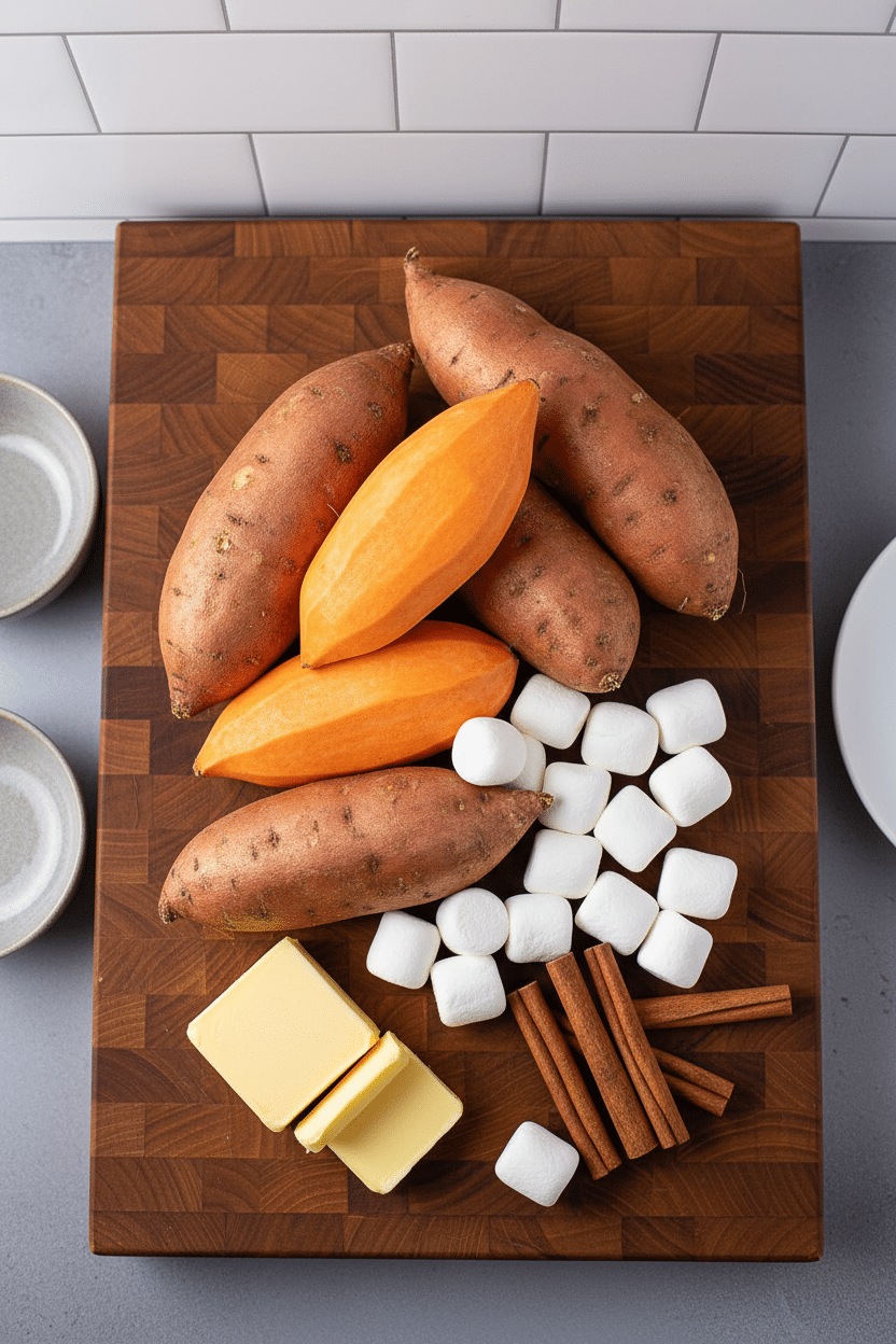 Sweet Potato Casserole ingredients organized and measured on kitchen counter