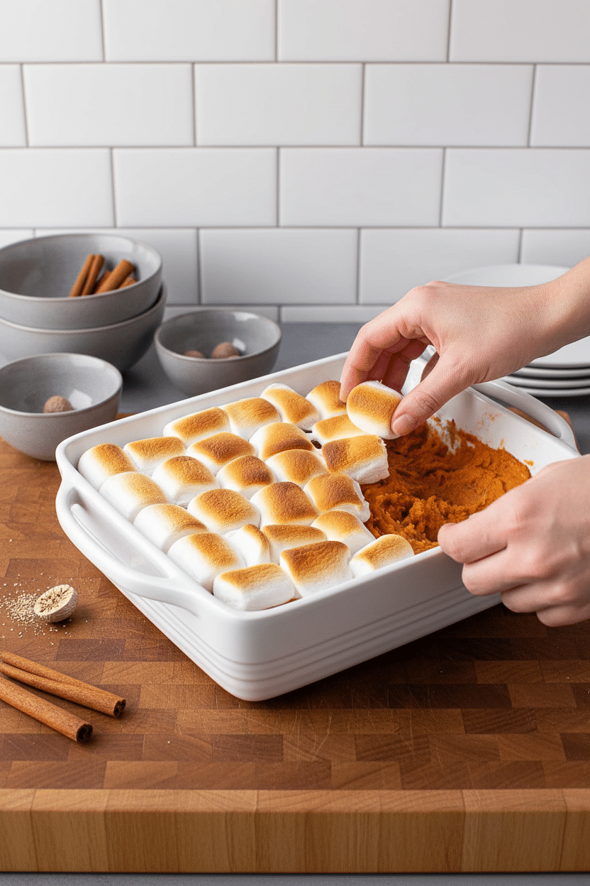 Sweet Potato Casserole slice on plate showing perfect texture and swirl pattern