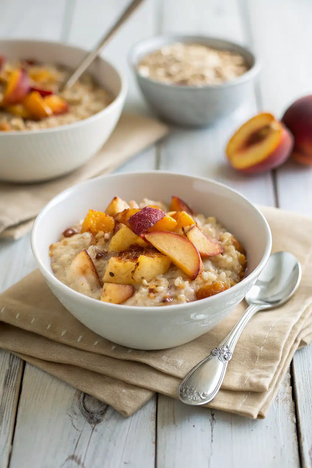 Spiced Peach Oatmeal ingredients organized and measured on kitchen counter