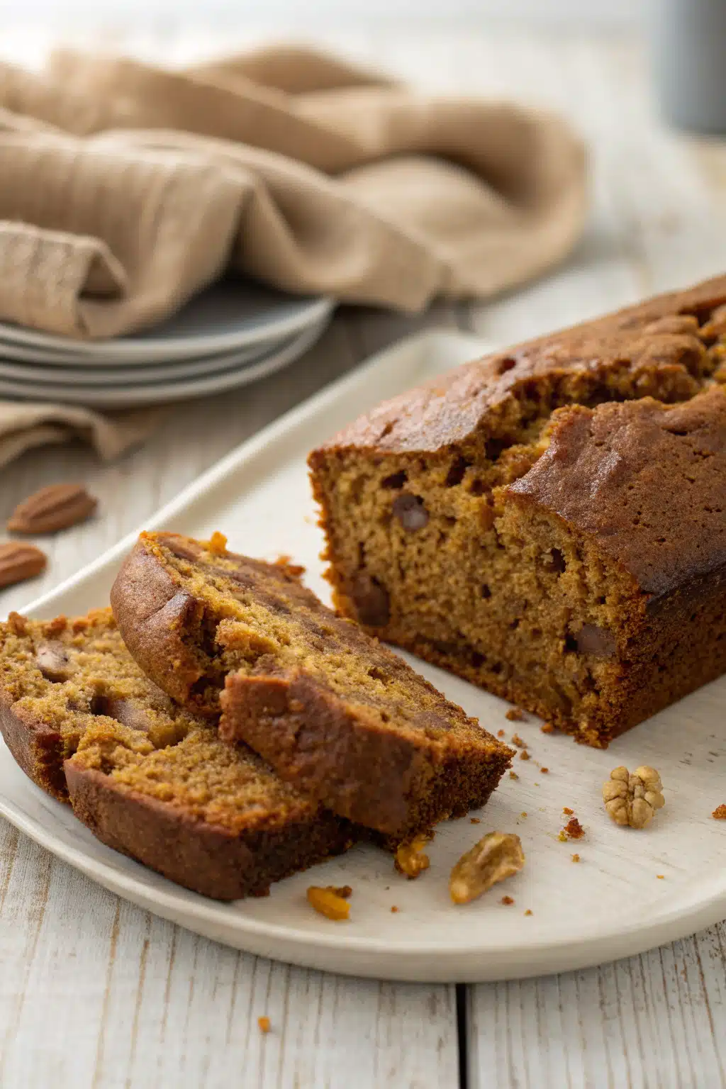Banana Pumpkin Bread slice on plate showing perfect texture and swirl pattern