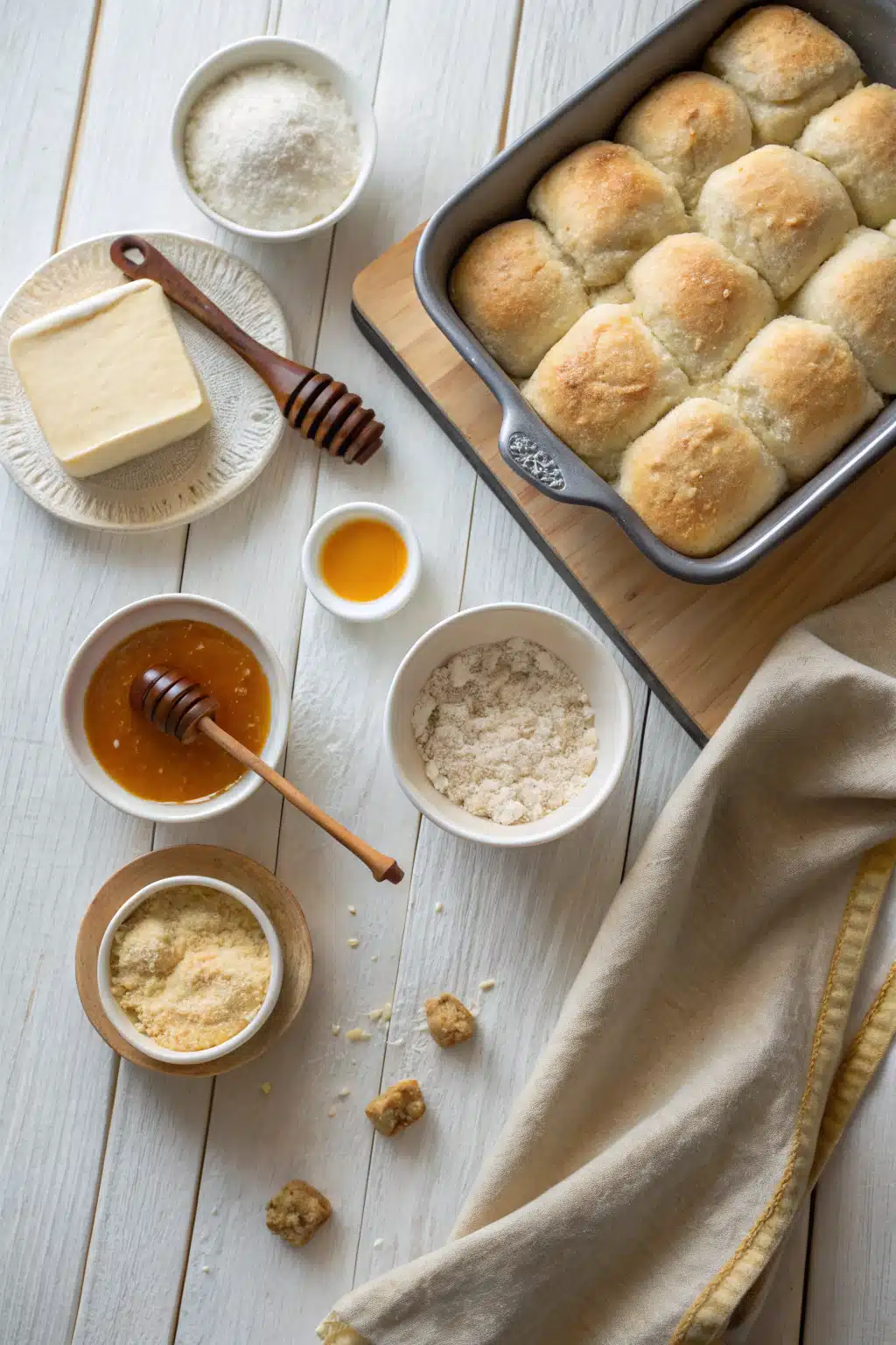 Gluten Free Hawaiian Rolls beautifully presented from an overhead angle