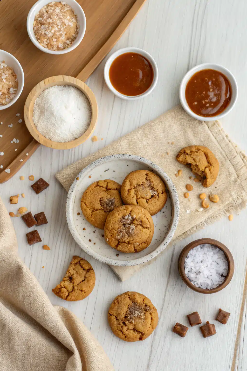 Salted Caramel Cookies beautifully presented from an overhead angle