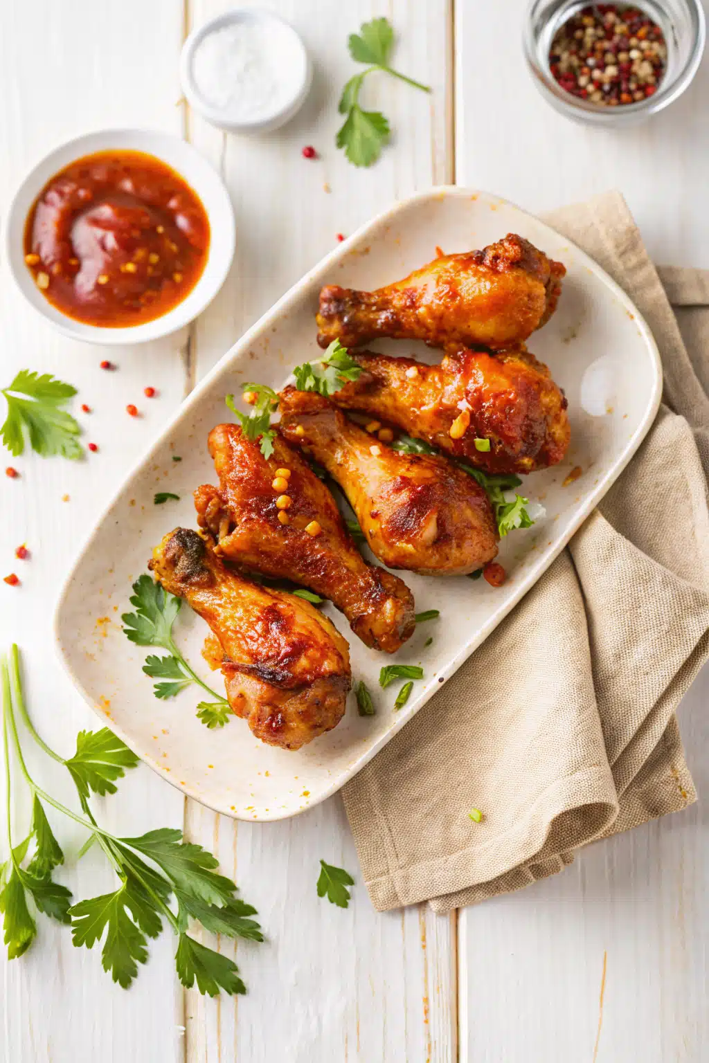 Air Fryer Chicken Drumsticks beautifully presented from an overhead angle