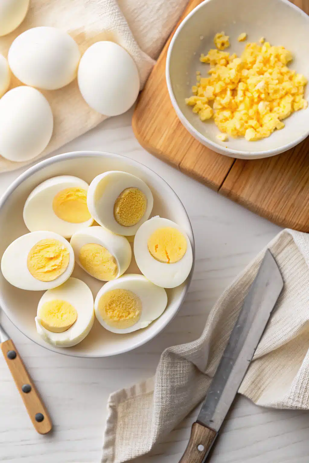 Air Fryer Boiled Eggs beautifully presented from an overhead angle
