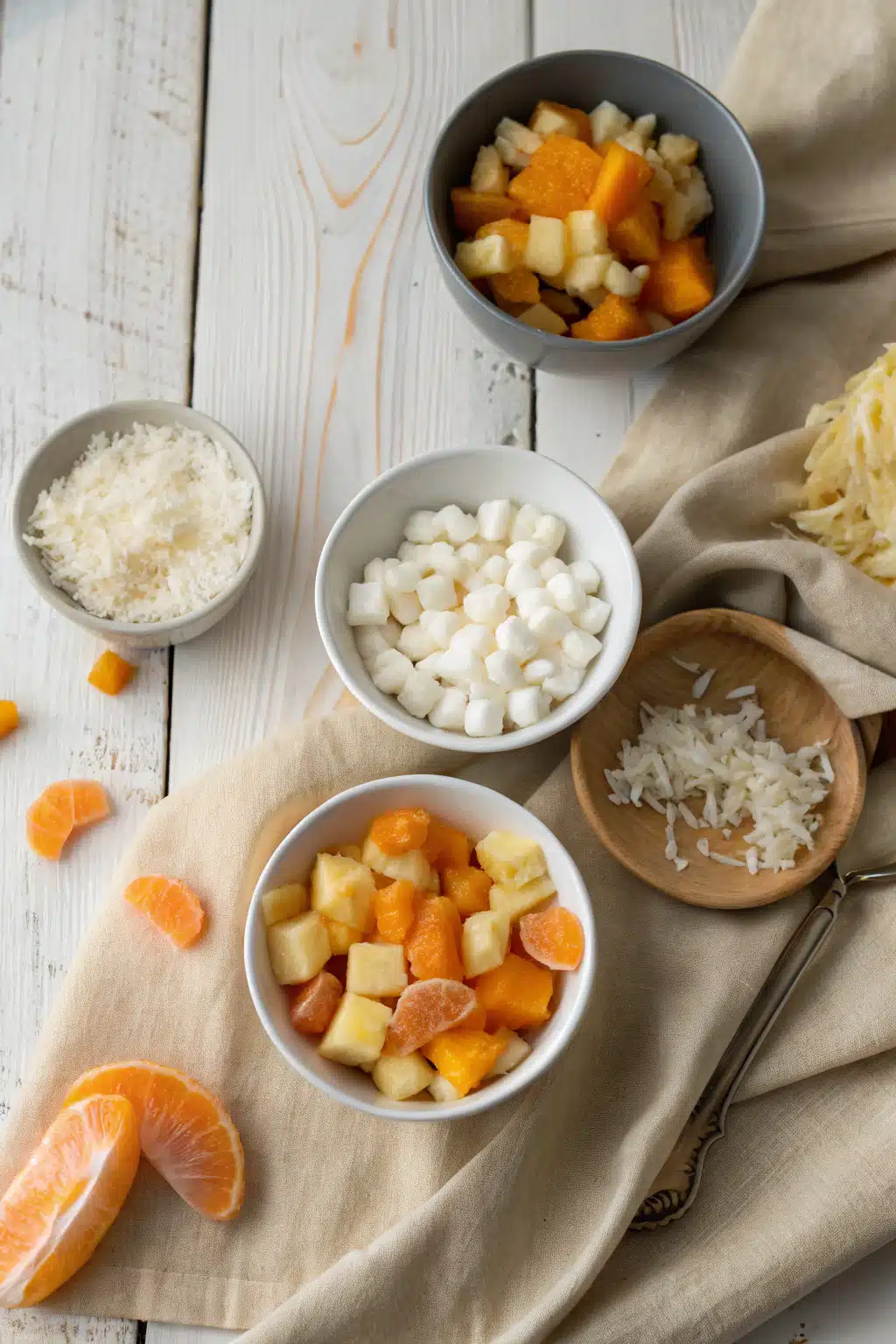 Ambrosia Salad Recipe beautifully presented from an overhead angle
