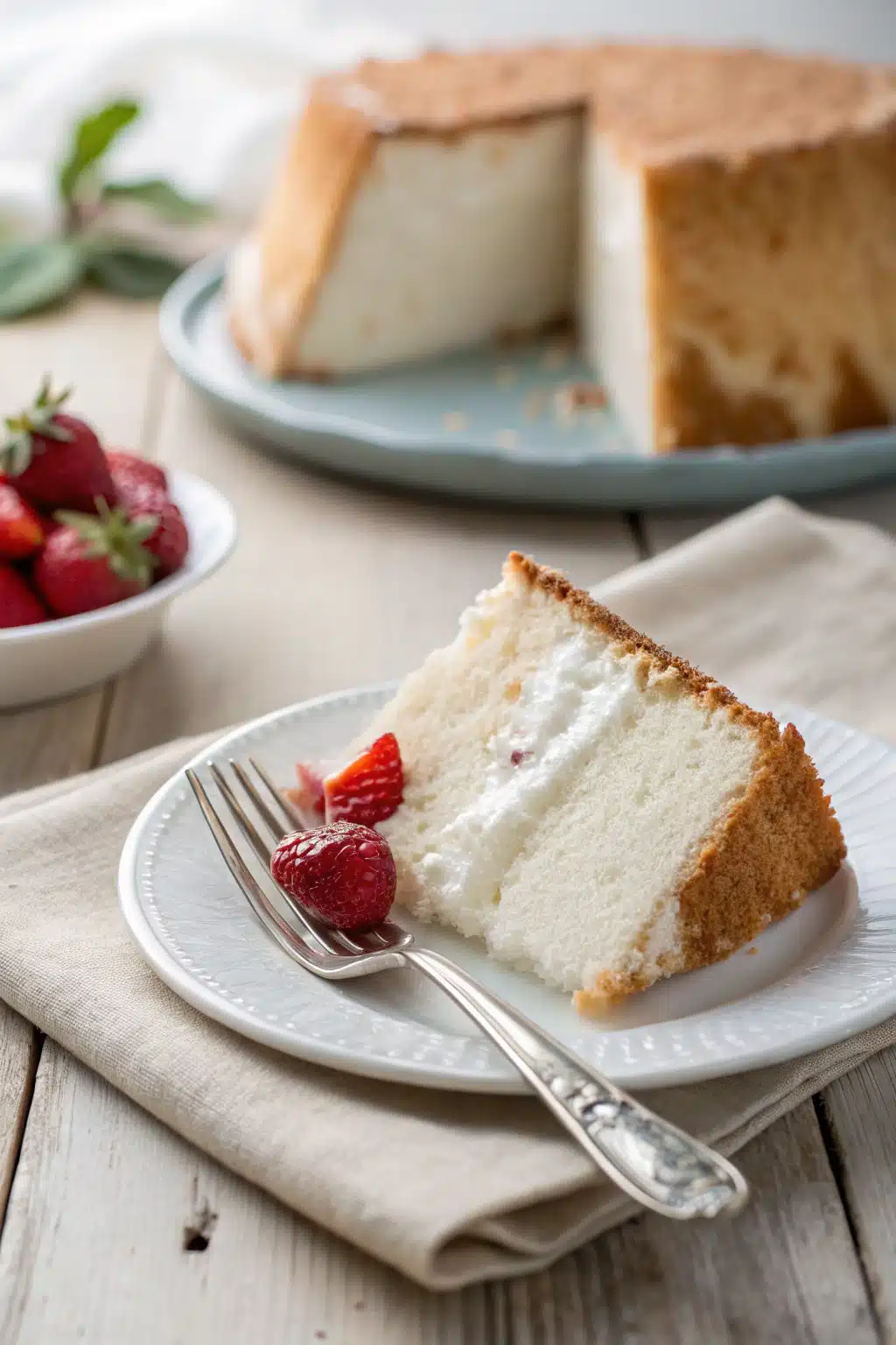 Angel Food Cake recipe ingredients organized and measured on kitchen counter