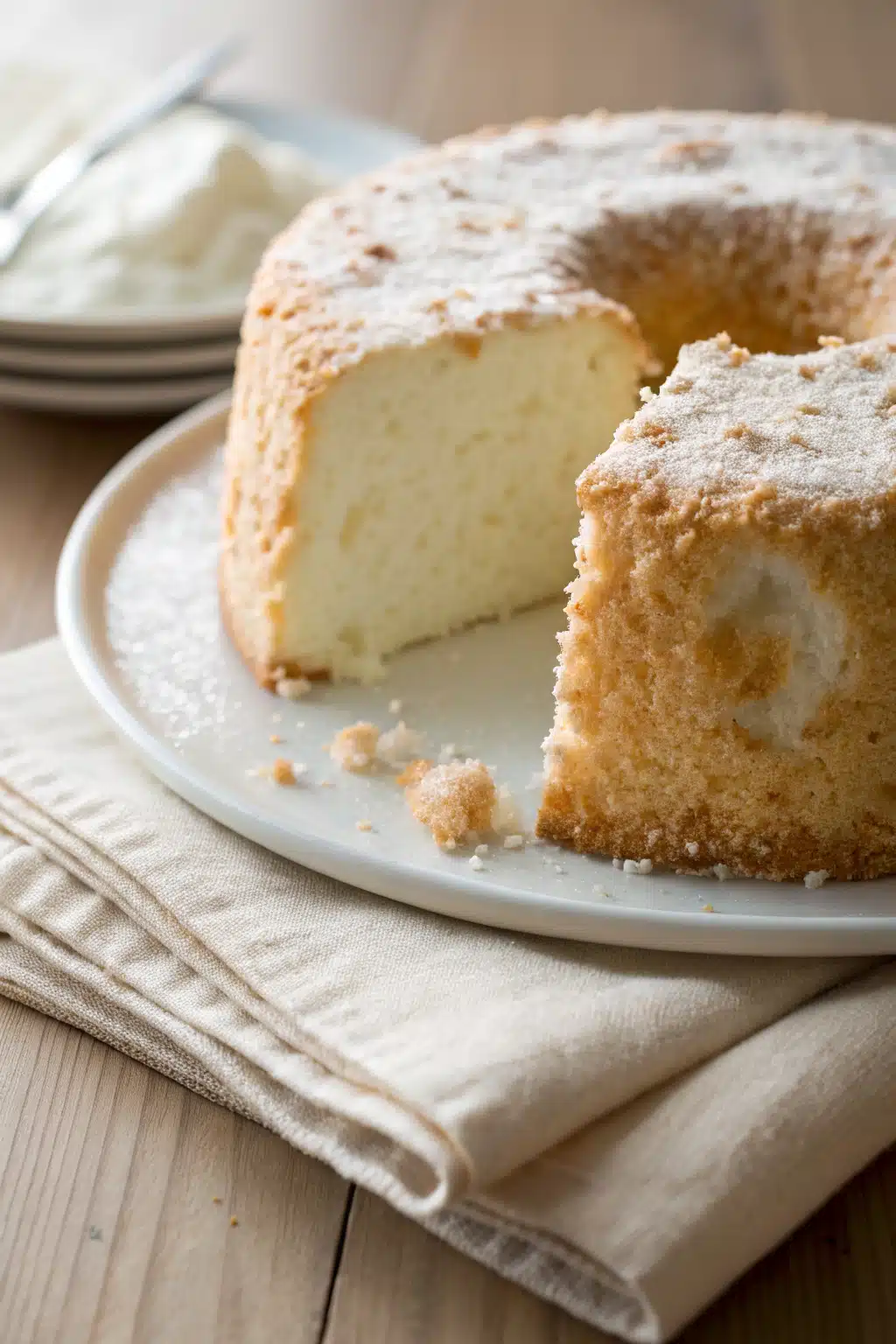 Angel Food Cake recipe slice on plate showing perfect texture and swirl pattern