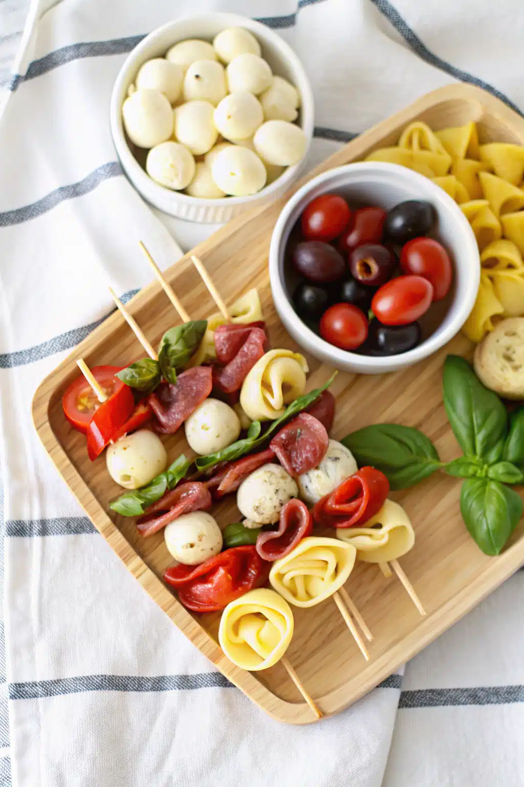 Antipasto Skewers beautifully presented from an overhead angle