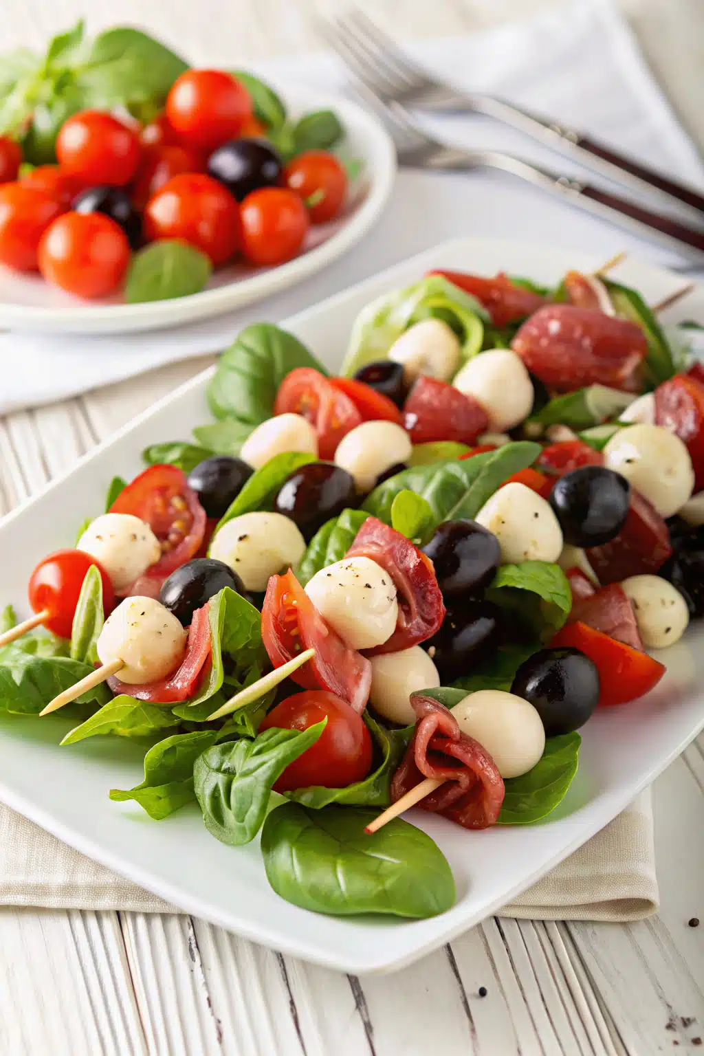Antipasto Skewers ingredients organized and measured on kitchen counter