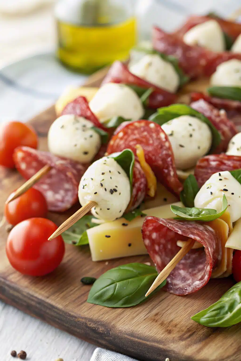Antipasto Skewers slice on plate showing perfect texture and swirl pattern