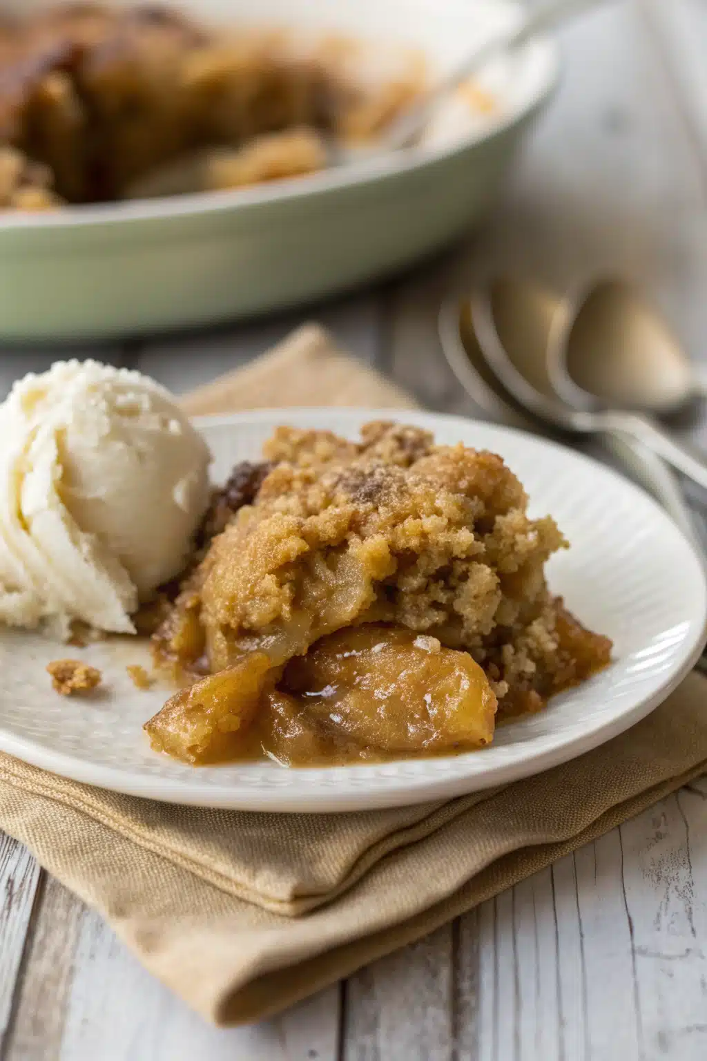 Slow Cooker Apple Cobbler slice on plate showing perfect texture and swirl pattern