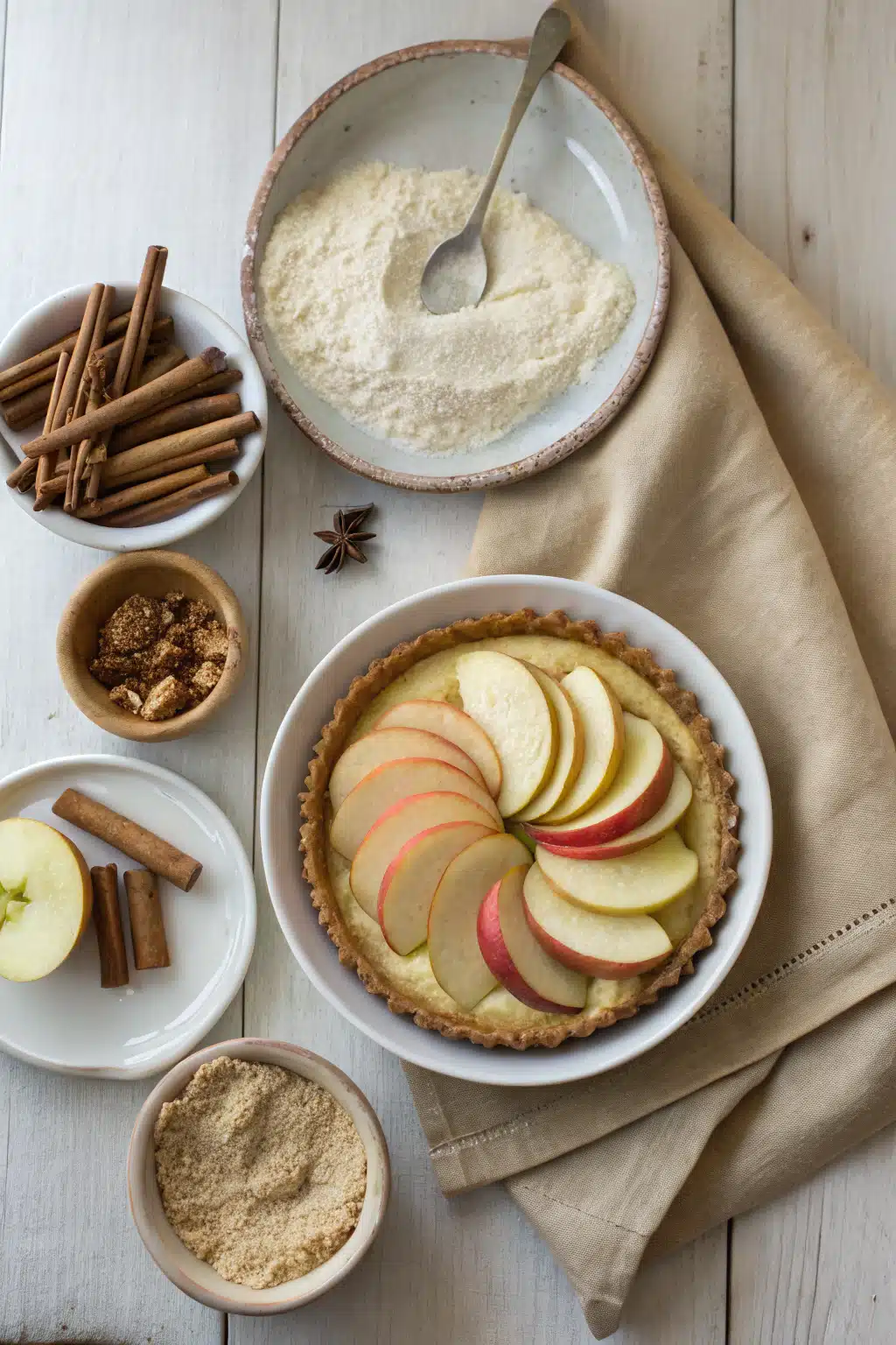 Apple Pie Cheesecake beautifully presented from an overhead angle