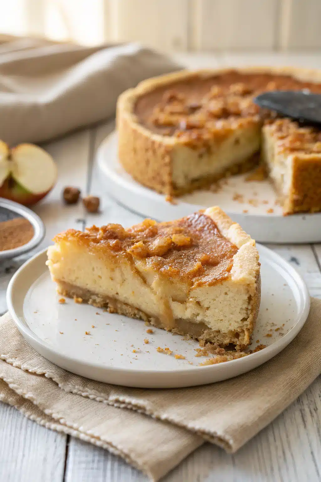 Apple Pie Cheesecake slice on plate showing perfect texture and swirl pattern