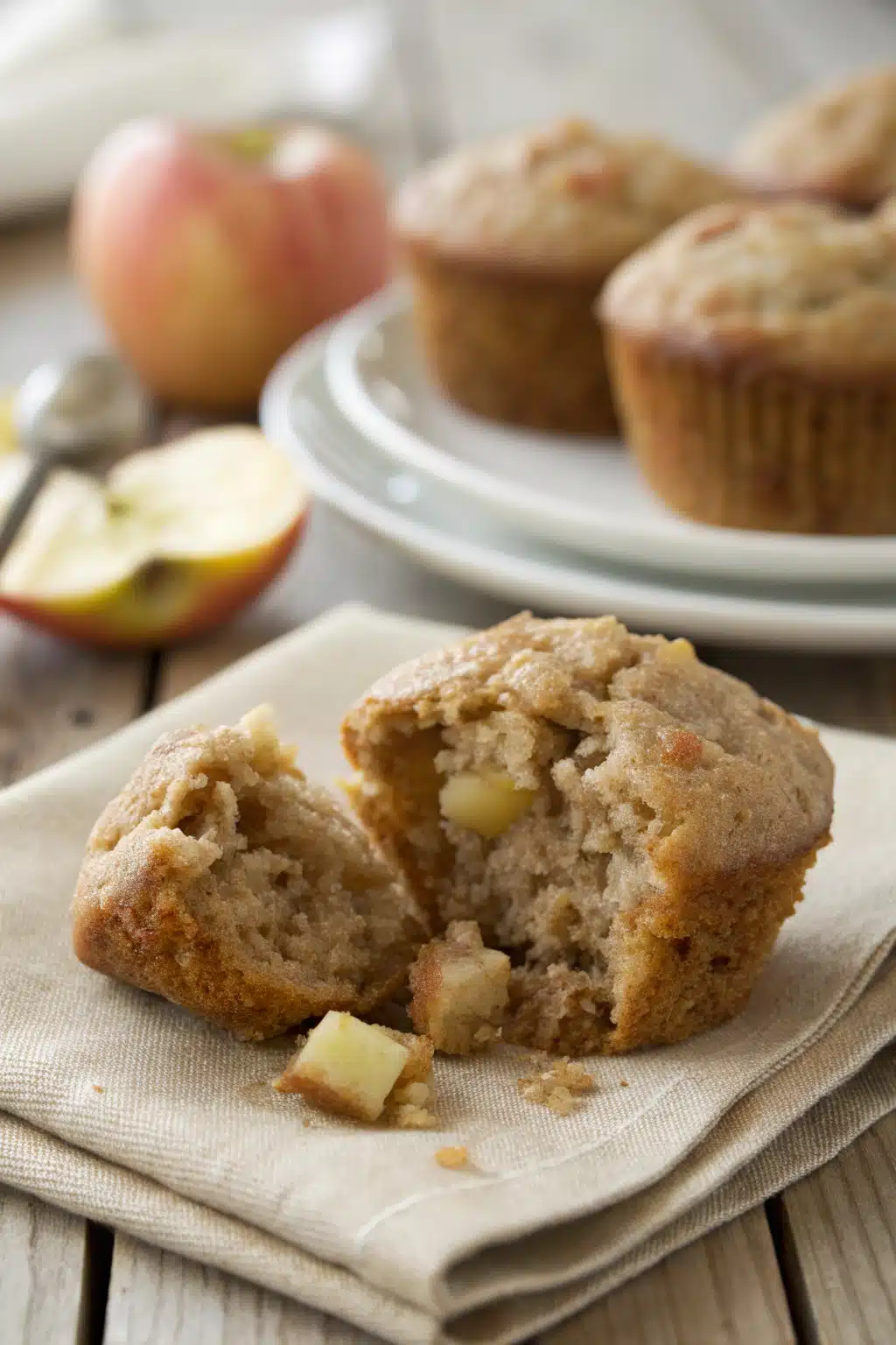 Healthy Applesauce Muffins slice on plate showing perfect texture and swirl pattern