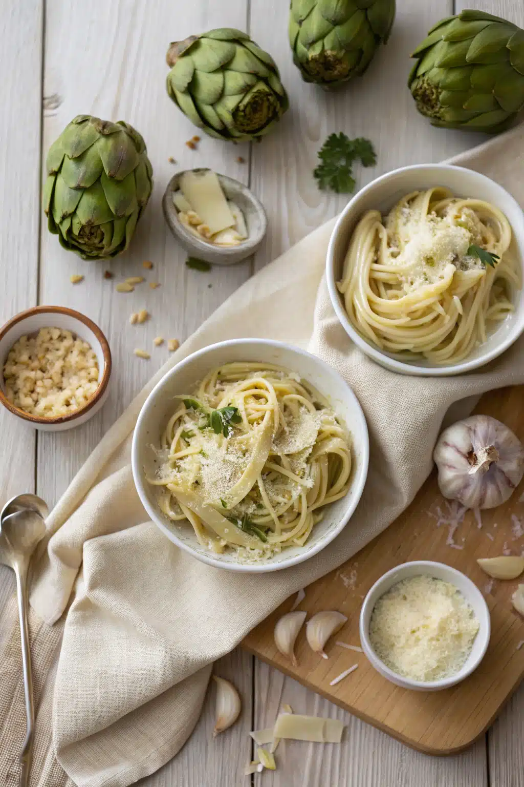 Creamy Artichoke Pasta beautifully presented from an overhead angle