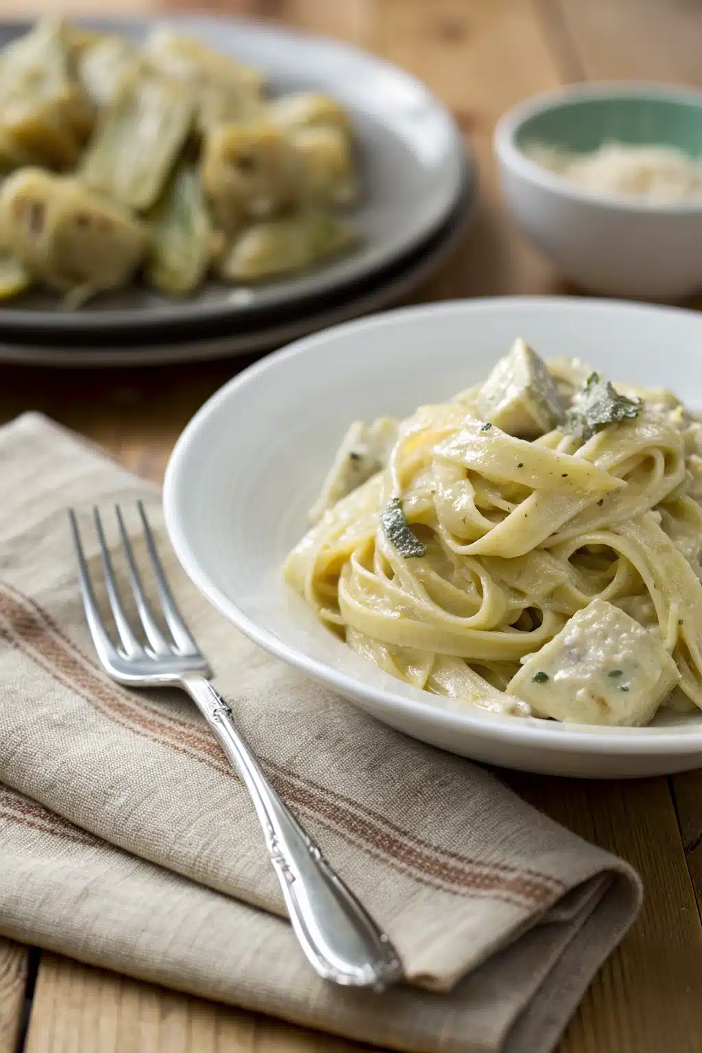 Creamy Artichoke Pasta ingredients organized and measured on kitchen counter