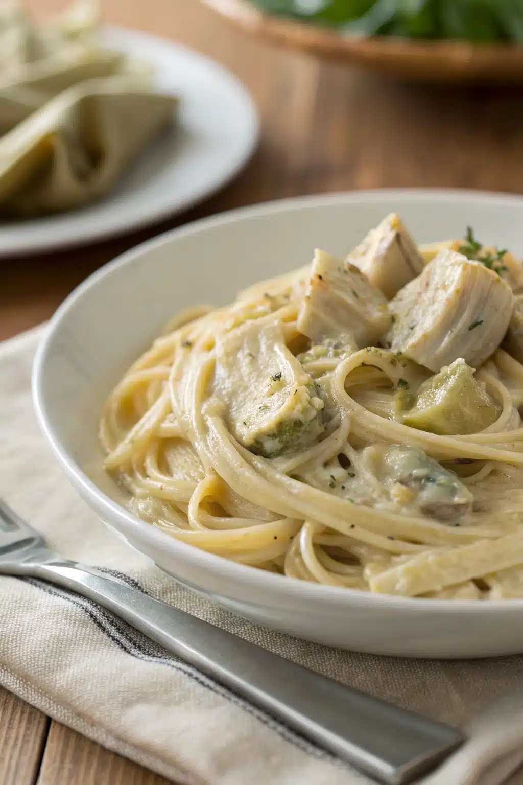 Creamy Artichoke Pasta slice on plate showing perfect texture and swirl pattern