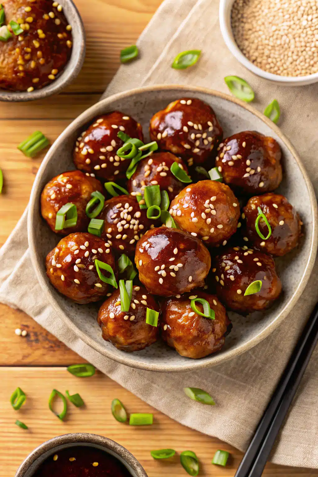 Asian Chicken Meatballs beautifully presented from an overhead angle