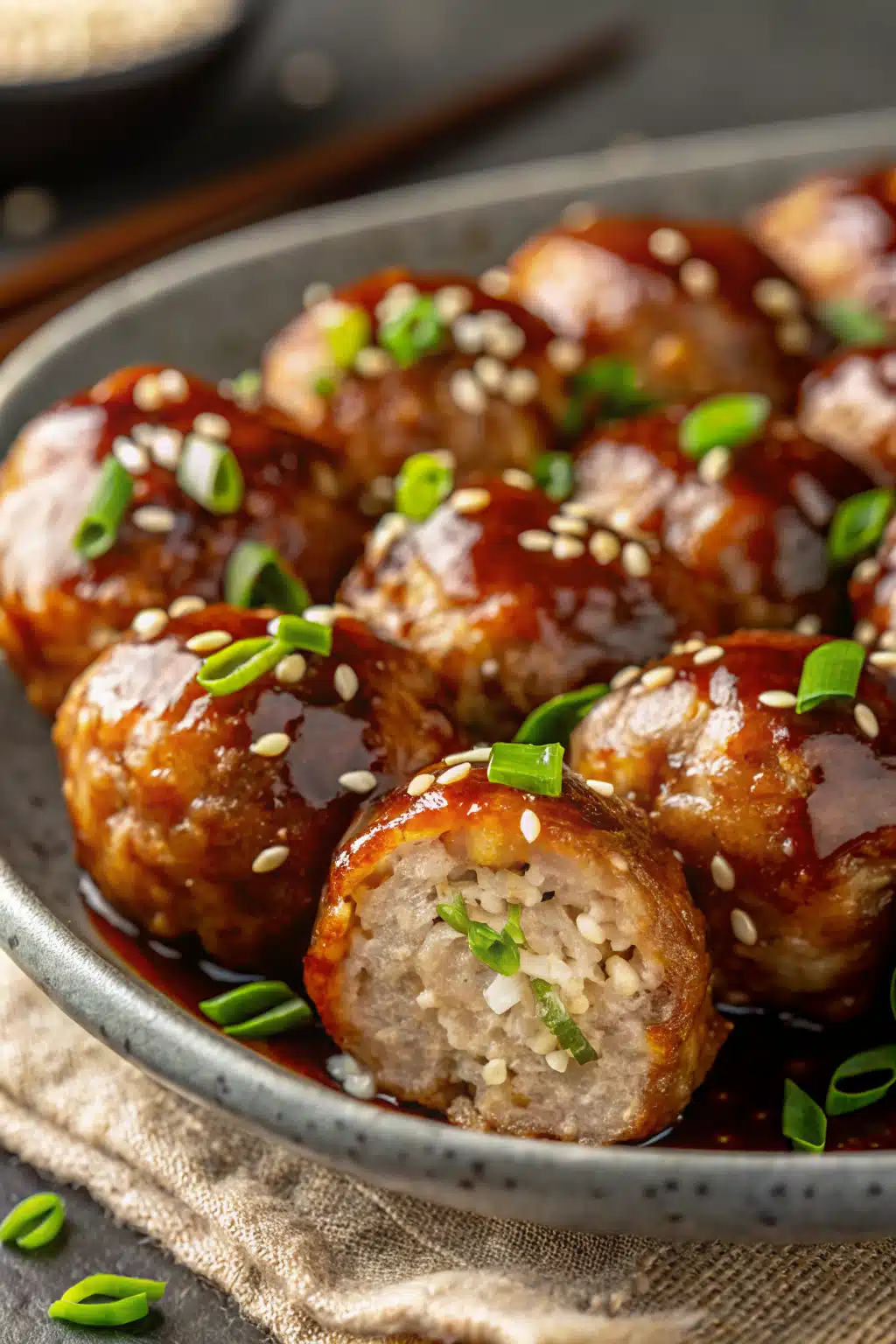 Asian Chicken Meatballs slice on plate showing perfect texture and swirl pattern