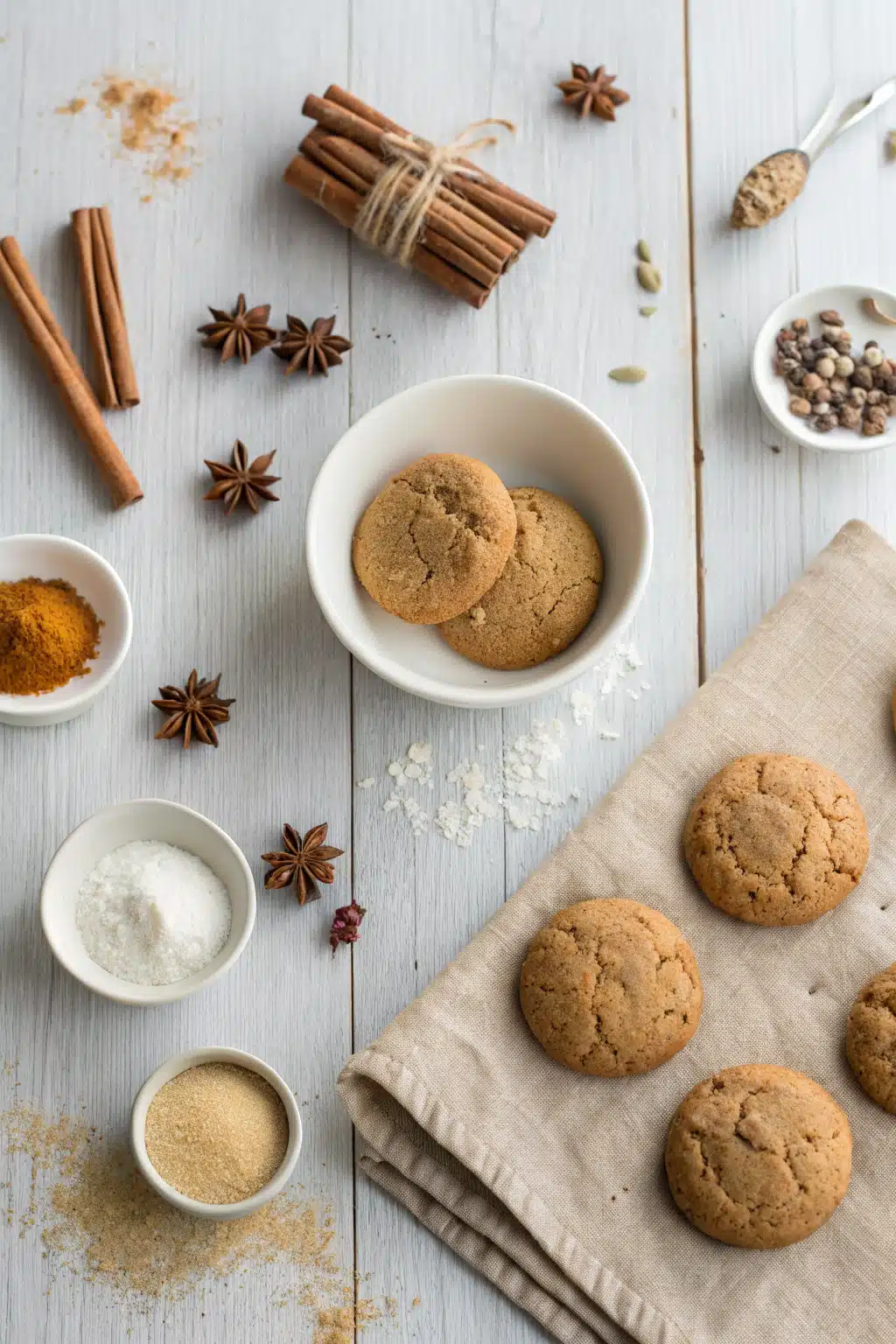 Brown Butter Spice Cookies beautifully presented from an overhead angle