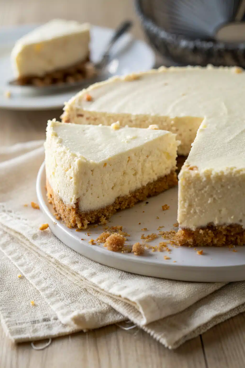 No Bake Cheesecake slice on plate showing perfect texture and swirl pattern