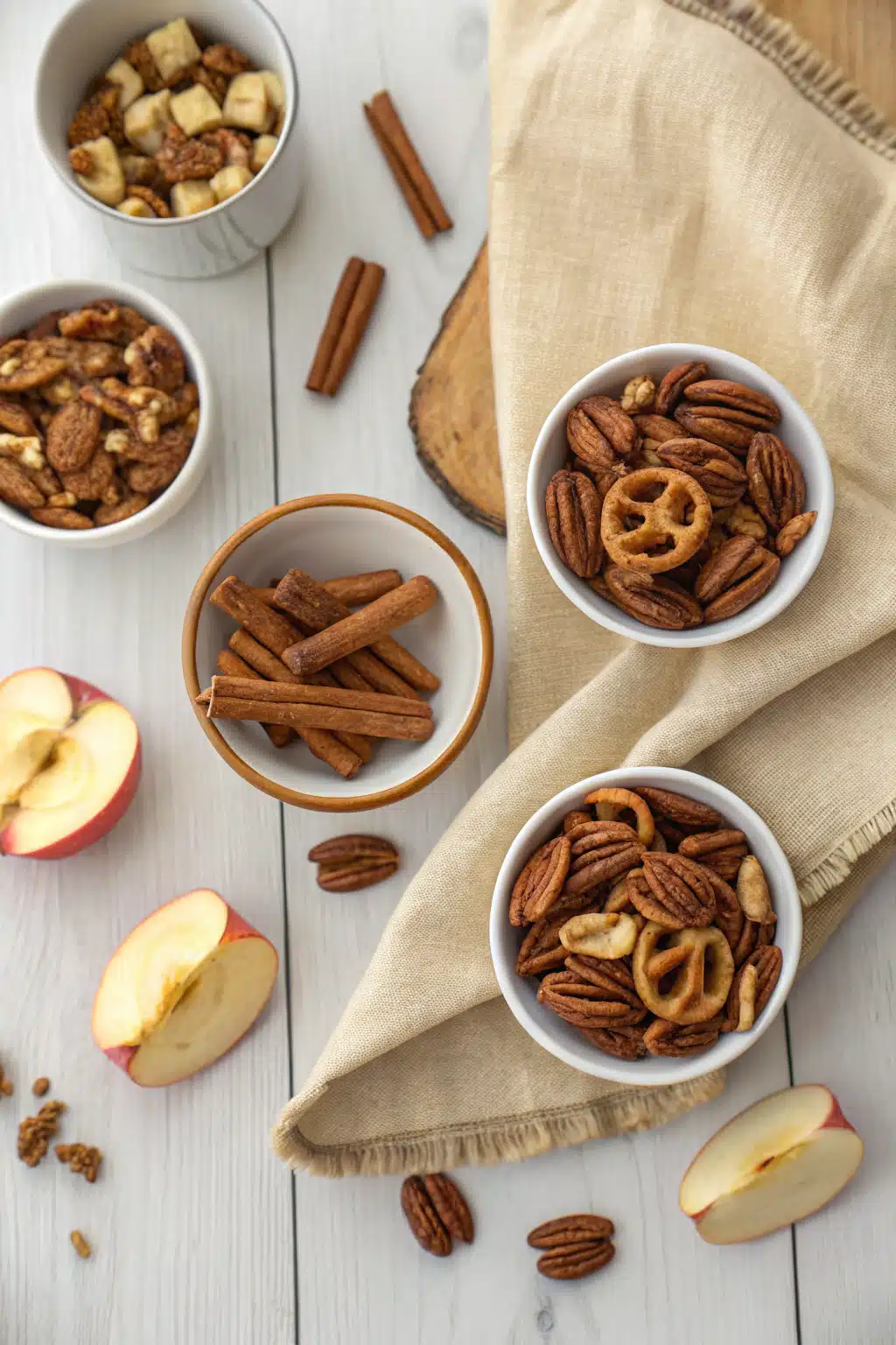 Autumn Spice Snack Mix beautifully presented from an overhead angle