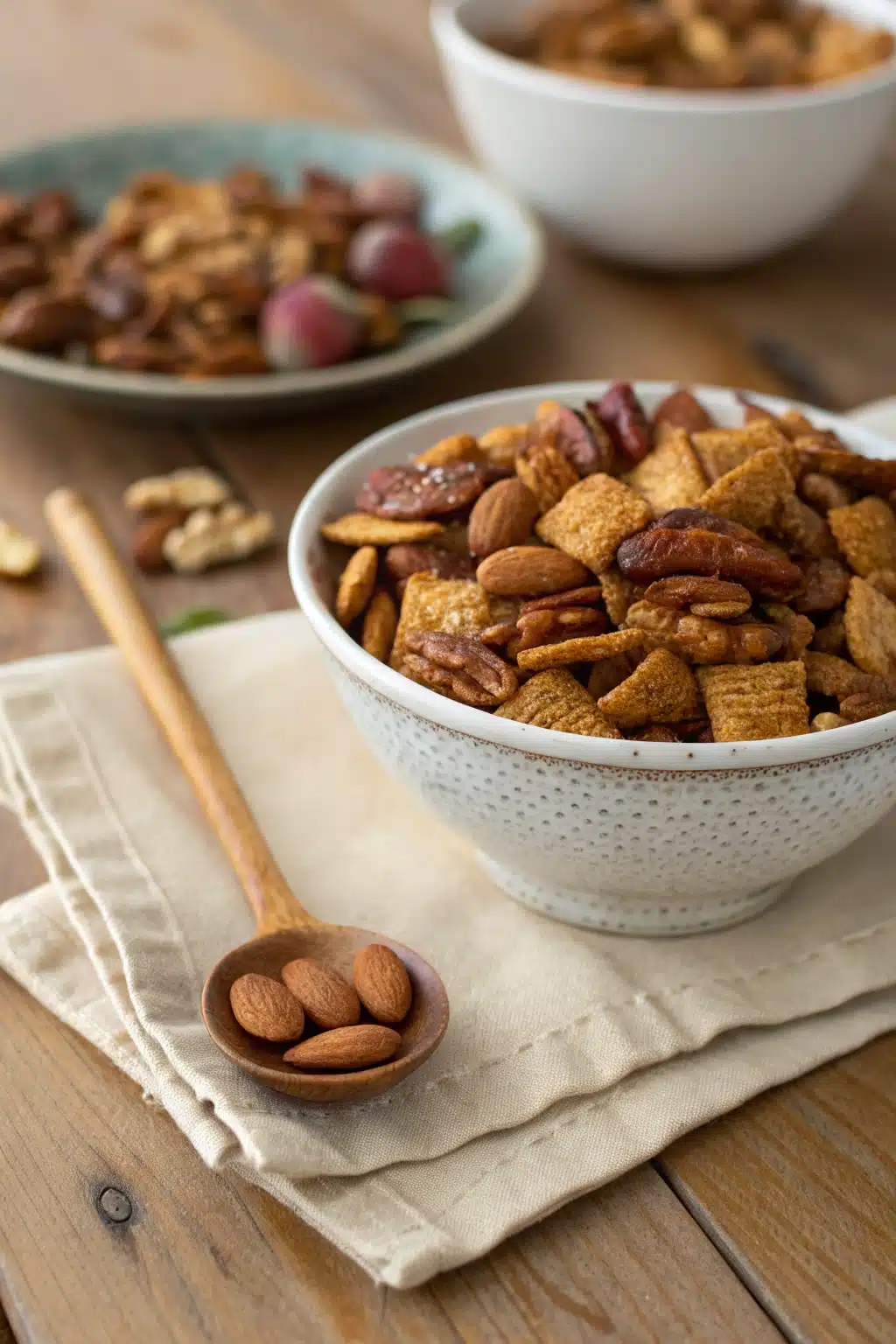Autumn Spice Snack Mix ingredients organized and measured on kitchen counter