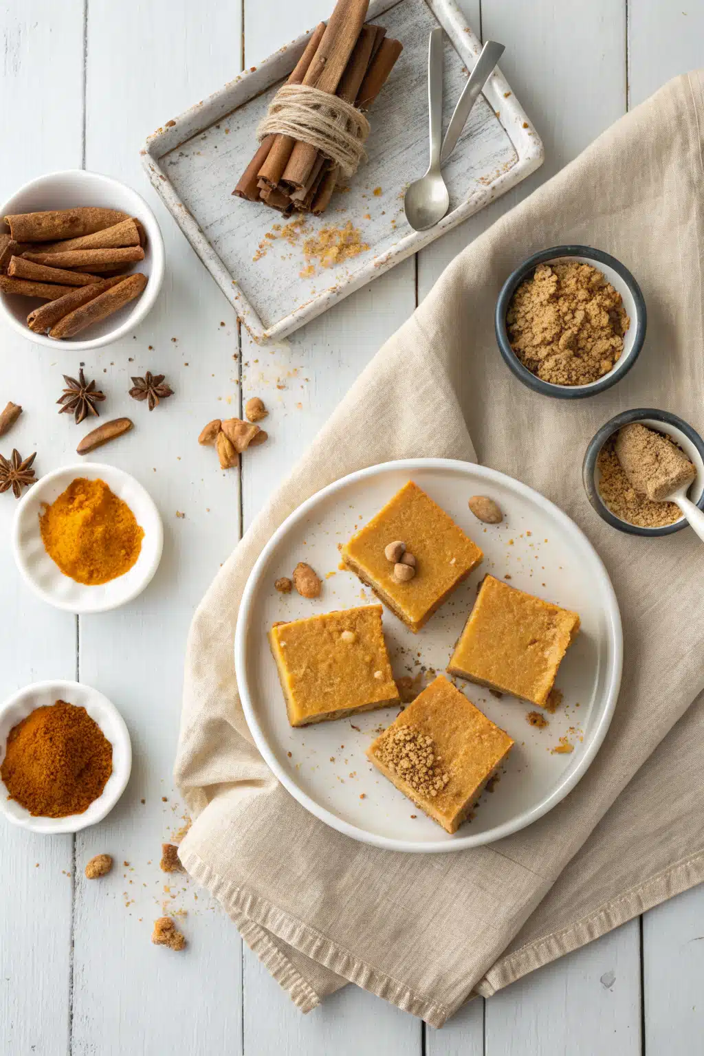 Easy Pumpkin Cheesecake Bars beautifully presented from an overhead angle