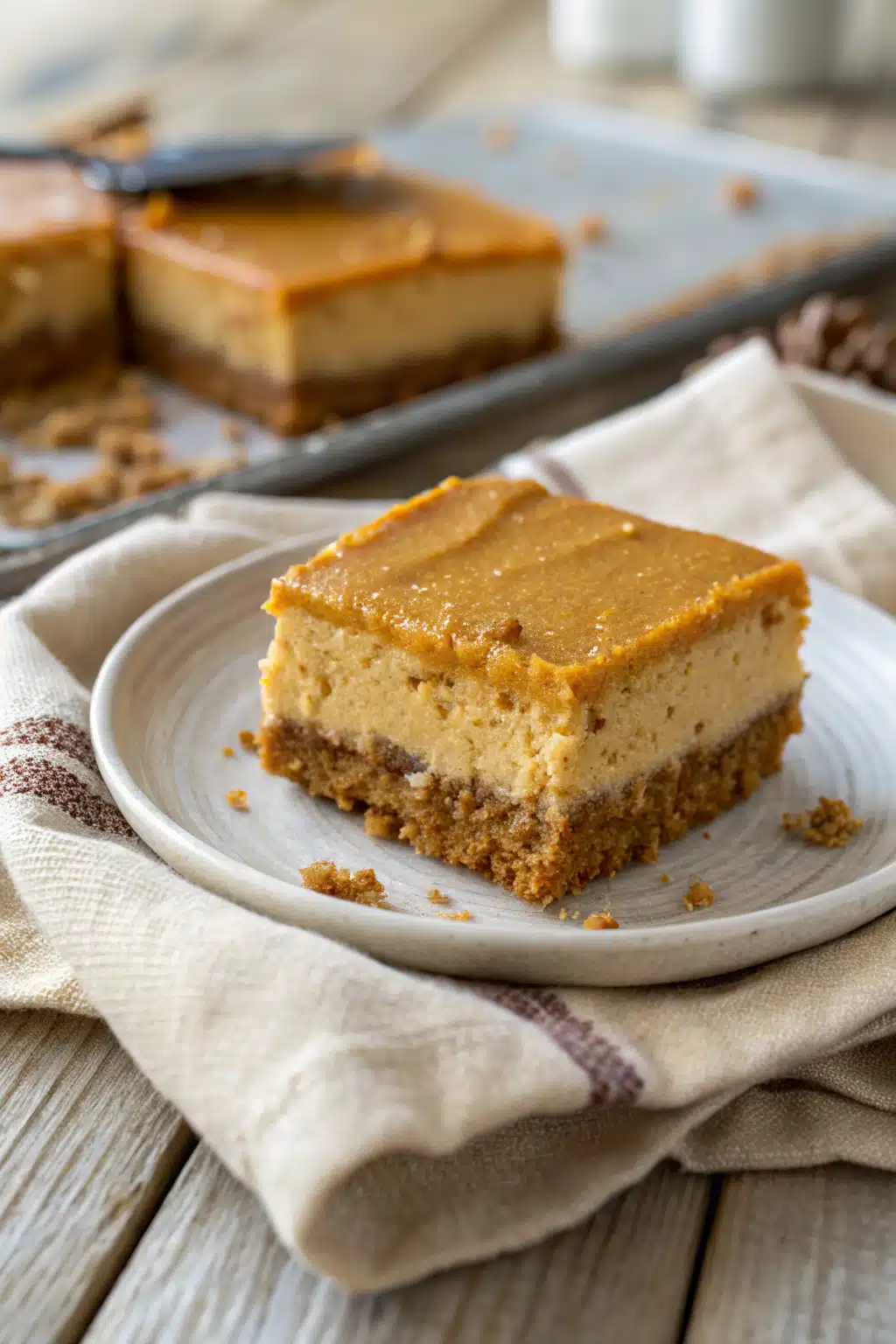 Easy Pumpkin Cheesecake Bars slice on plate showing perfect texture and swirl pattern