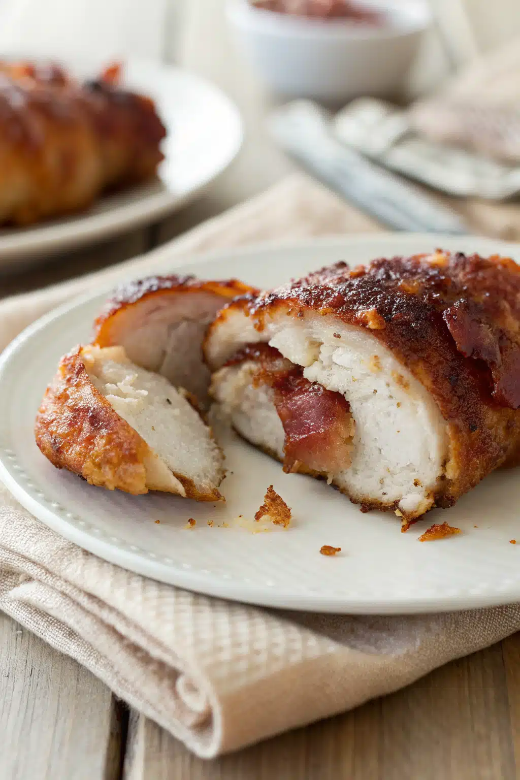 Brown Sugar Bacon Chicken slice on plate showing perfect texture and swirl pattern