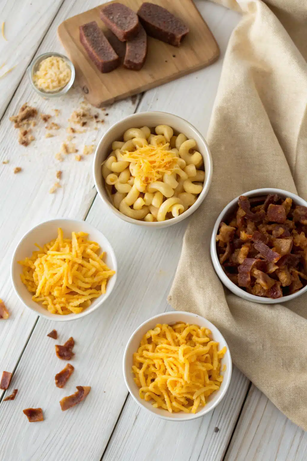 Bacon Mac and Cheese beautifully presented from an overhead angle