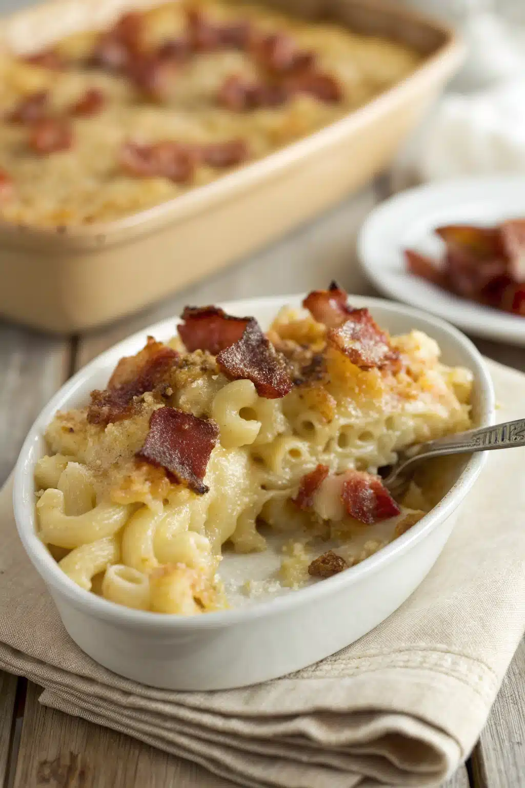 Bacon Mac and Cheese slice on plate showing perfect texture and swirl pattern