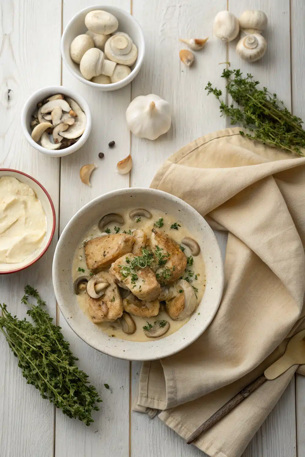 Creamy Mushroom Chicken beautifully presented from an overhead angle