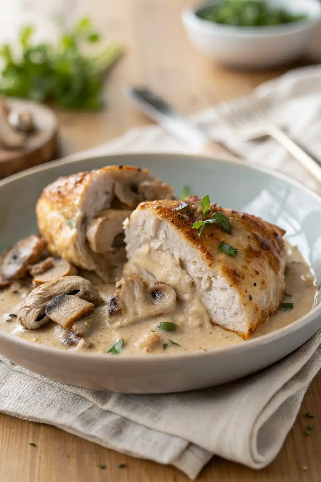 Creamy Mushroom Chicken slice on plate showing perfect texture and swirl pattern