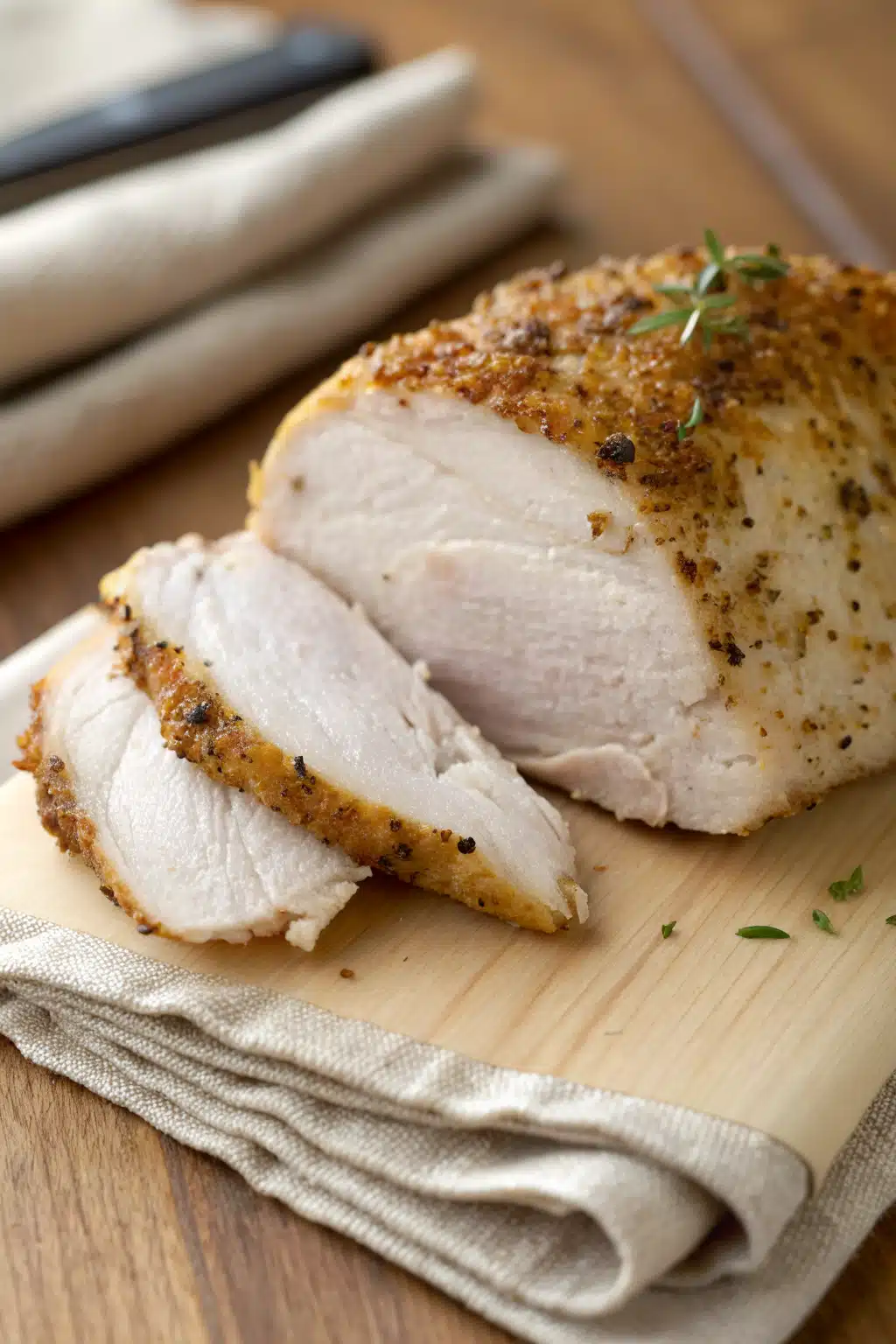 Baked Chicken Breast slice on plate showing perfect texture and swirl pattern