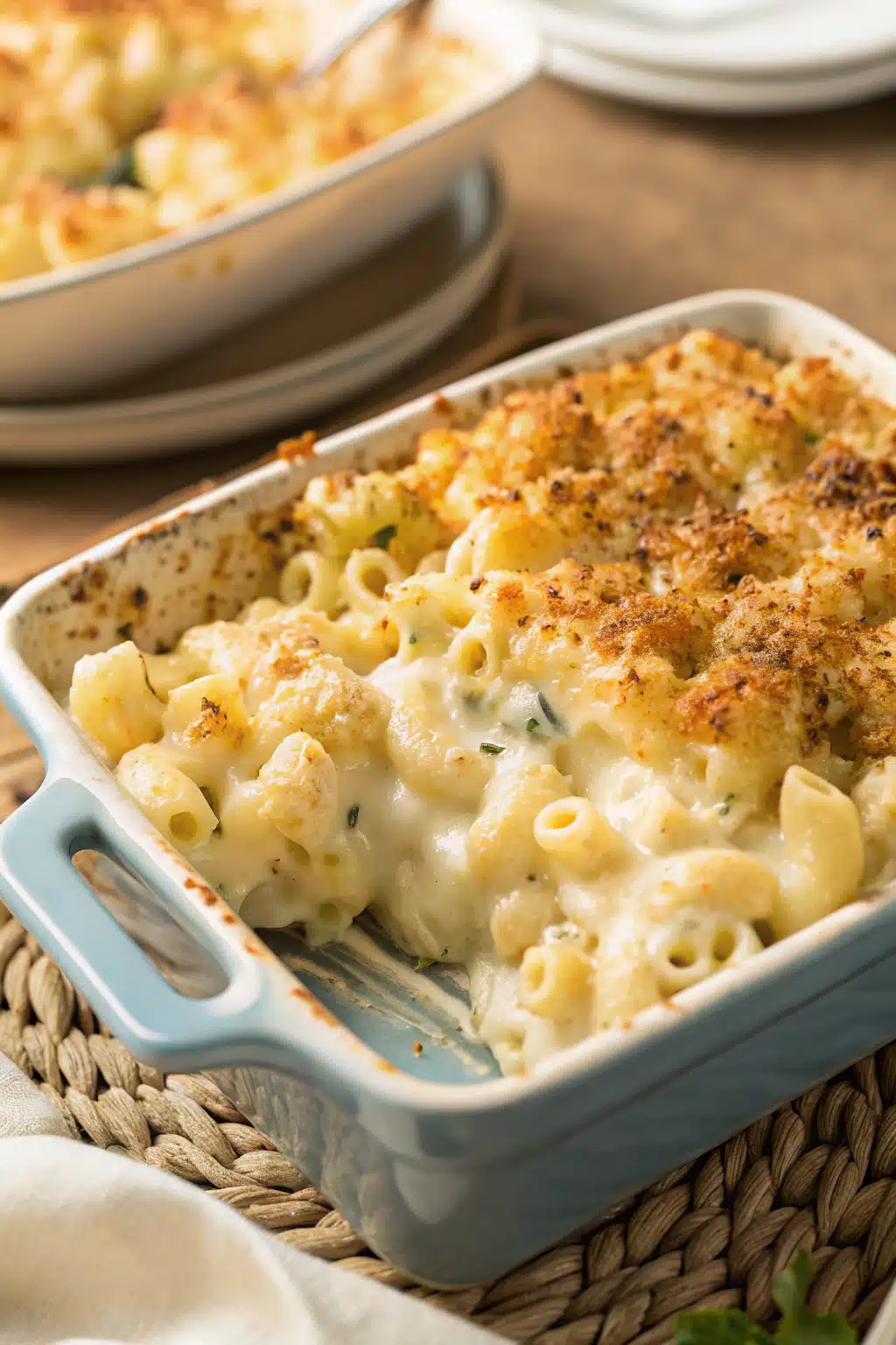 Baked Mac And Cheese slice on plate showing perfect texture and swirl pattern