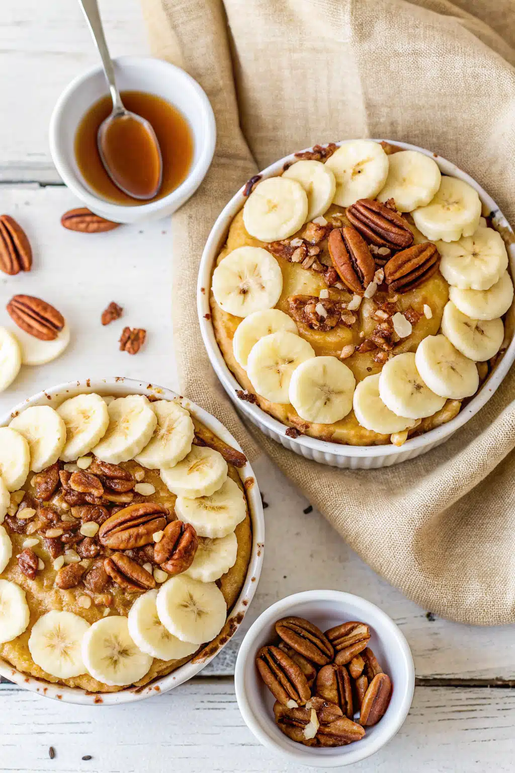 Bananas Foster Cheesecake beautifully presented from an overhead angle