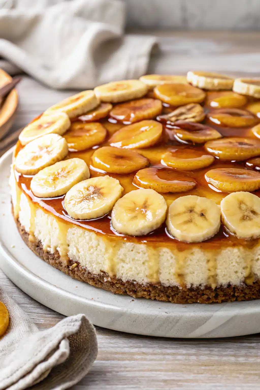 Bananas Foster Cheesecake slice on plate showing perfect texture and swirl pattern