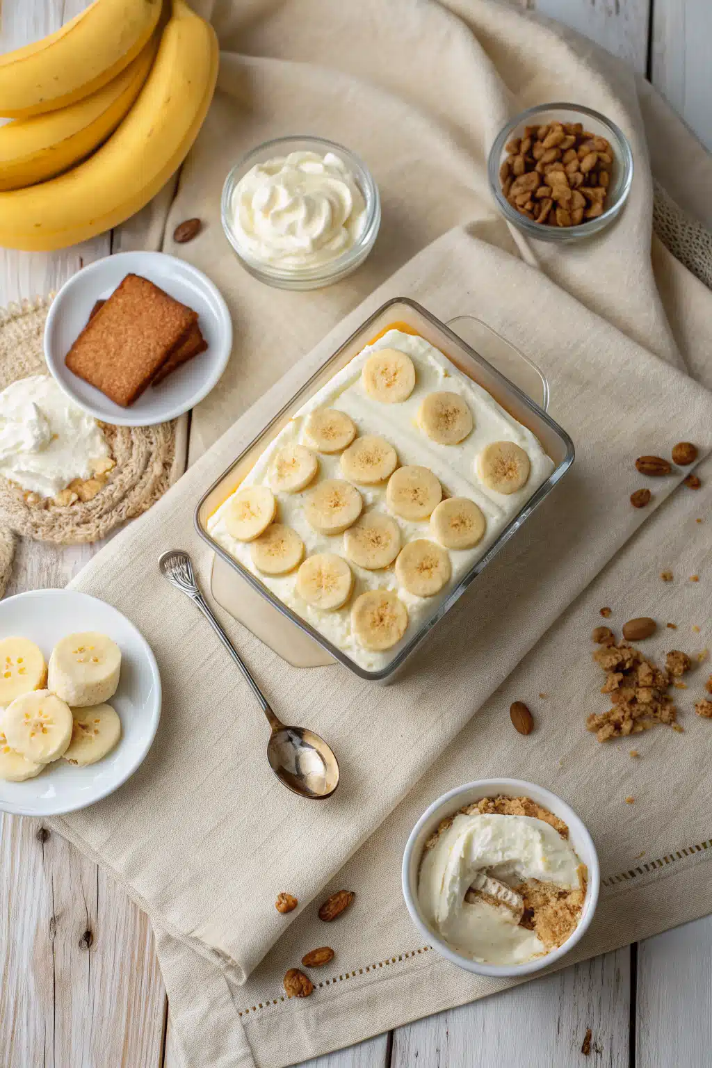 Banana Pudding Poke Cake beautifully presented from an overhead angle