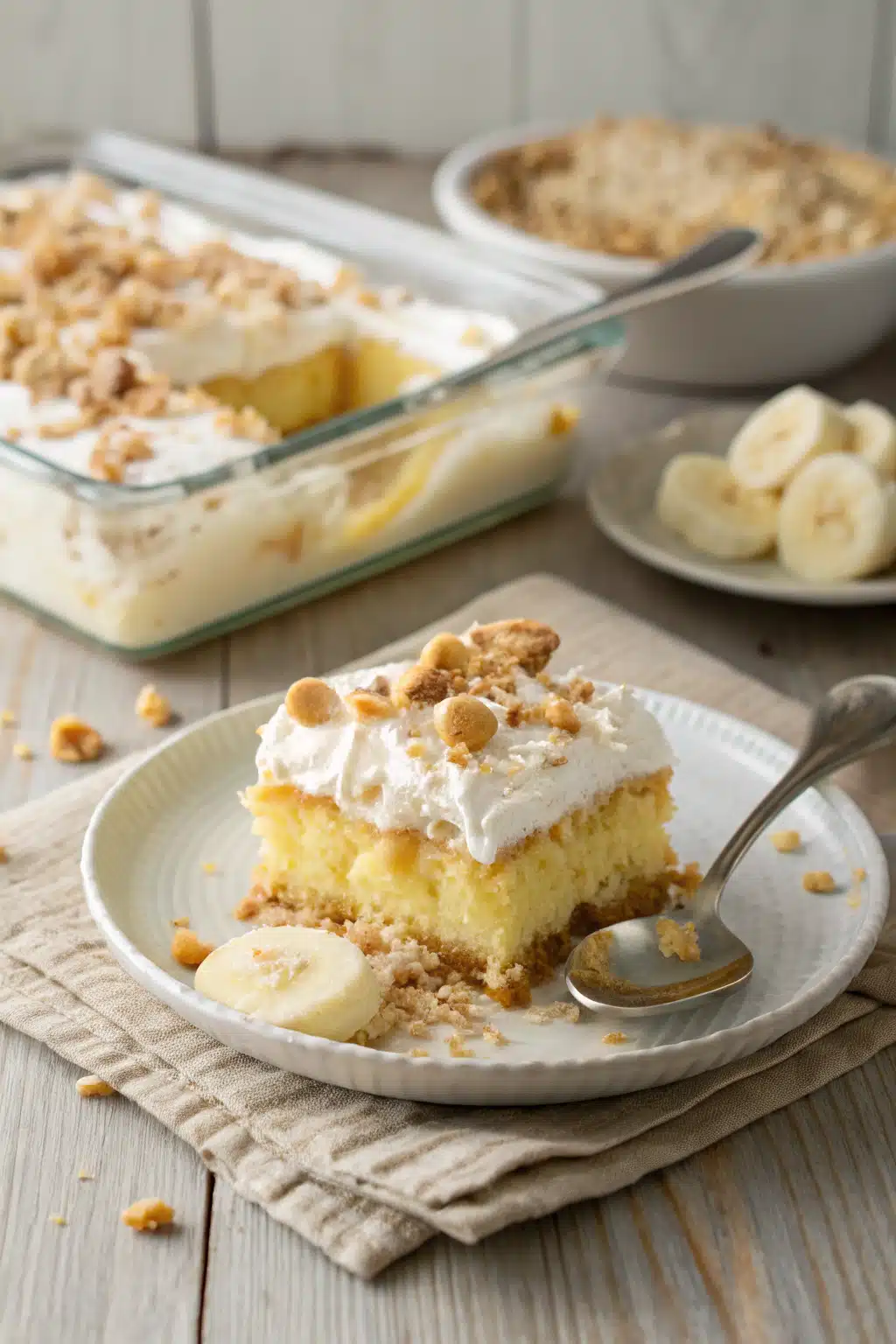 Banana Pudding Poke Cake ingredients organized and measured on kitchen counter