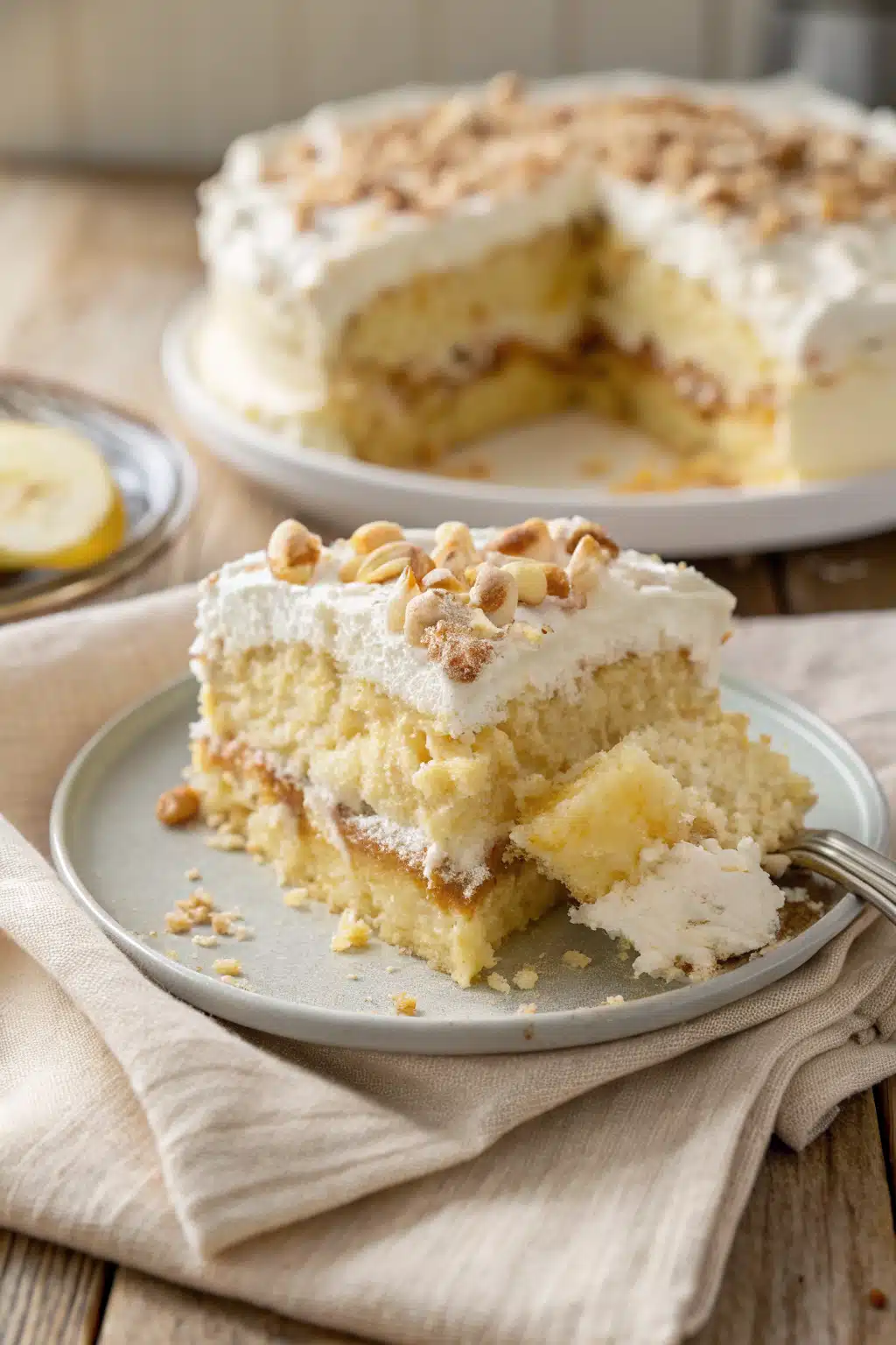 Banana Pudding Poke Cake slice on plate showing perfect texture and swirl pattern