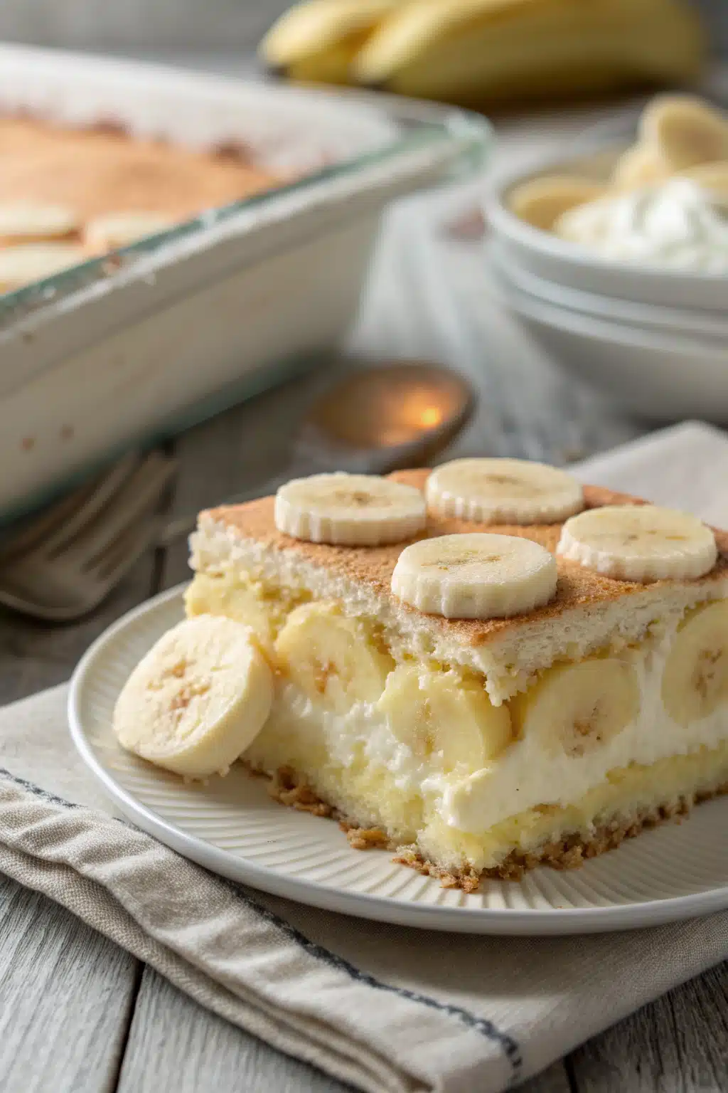 Homemade Banana Pudding slice on plate showing perfect texture and swirl pattern