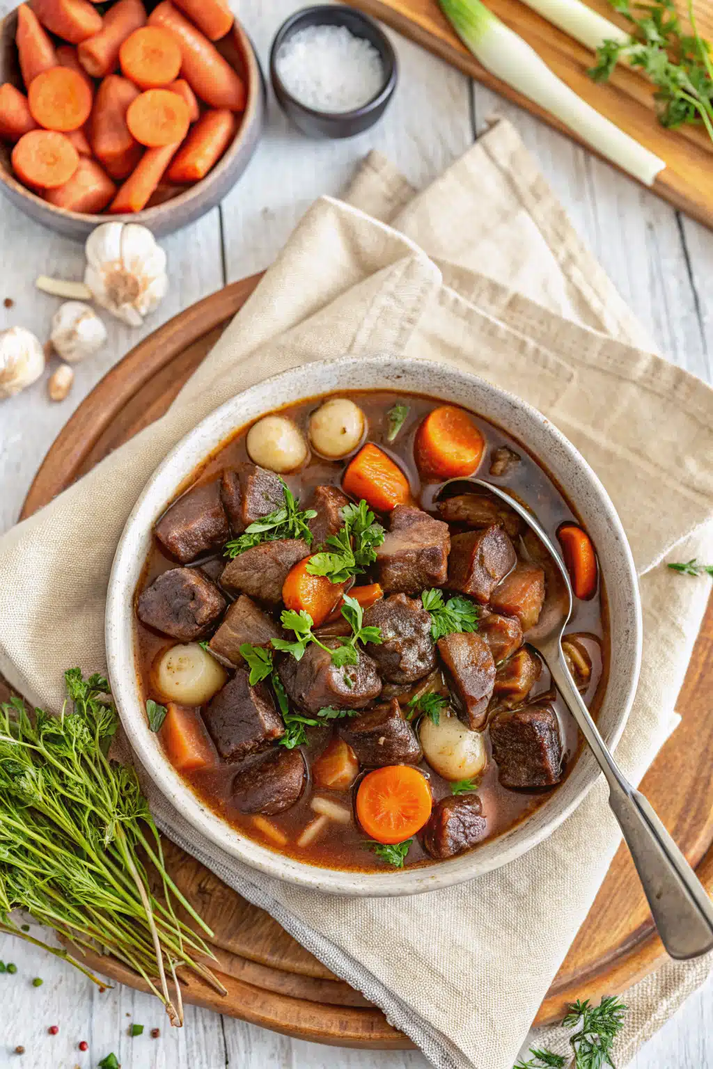 Crockpot Beef Bourguignon beautifully presented from an overhead angle