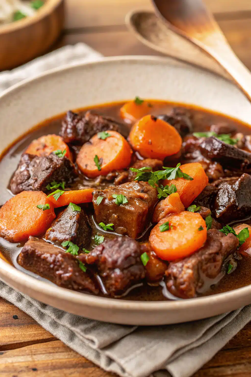 Crockpot Beef Bourguignon slice on plate showing perfect texture and swirl pattern
